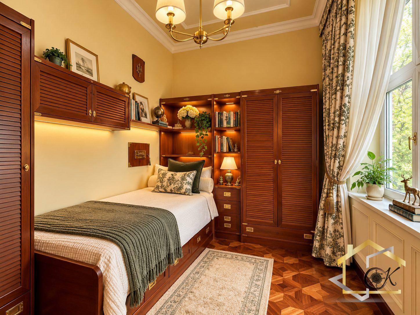 Helles Schlafzimmer mit Einzelbett, integrierten Holzregalen und Blick nach draußen.