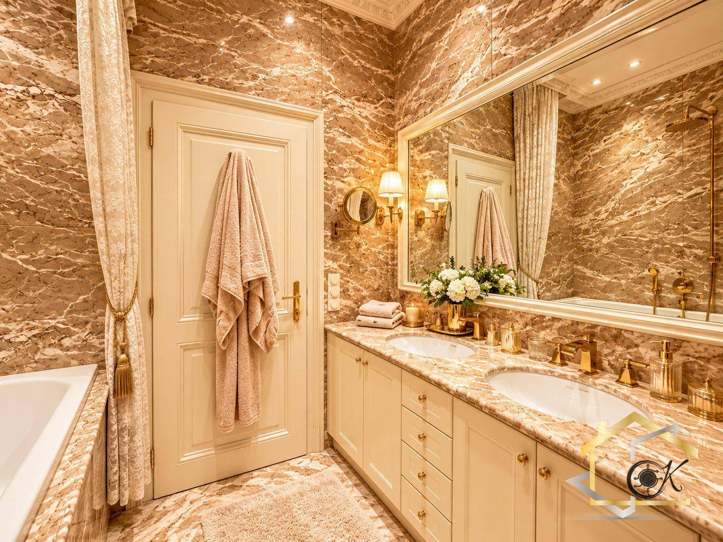 Exklusives Badezimmer mit Doppelwaschbecken, Marmoroberflächen und eleganten Armaturen.