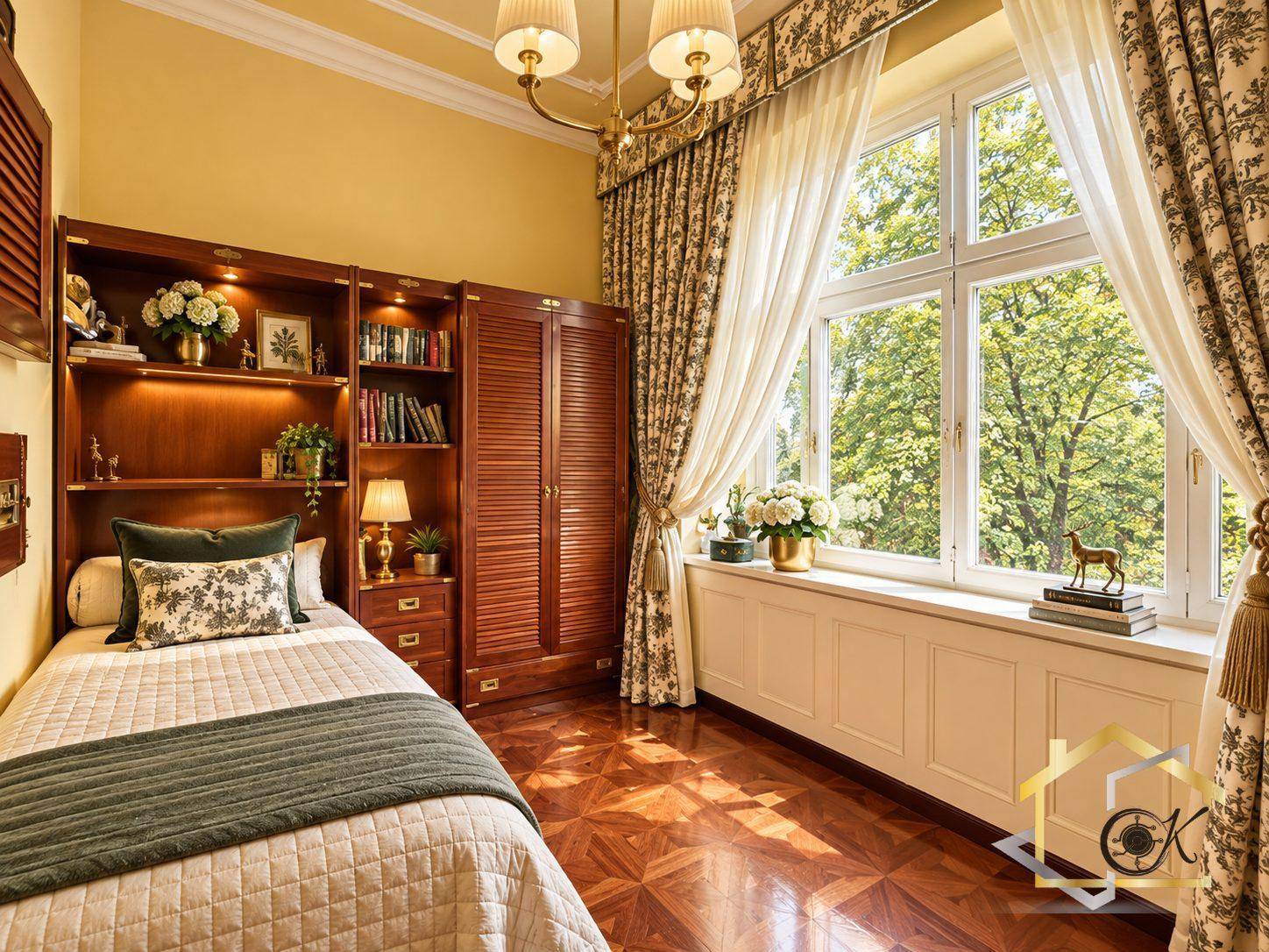 Gemütliches Schlafzimmer mit Einzelbett, Holzmöbeln und Blick ins Grüne durch große Fenster.