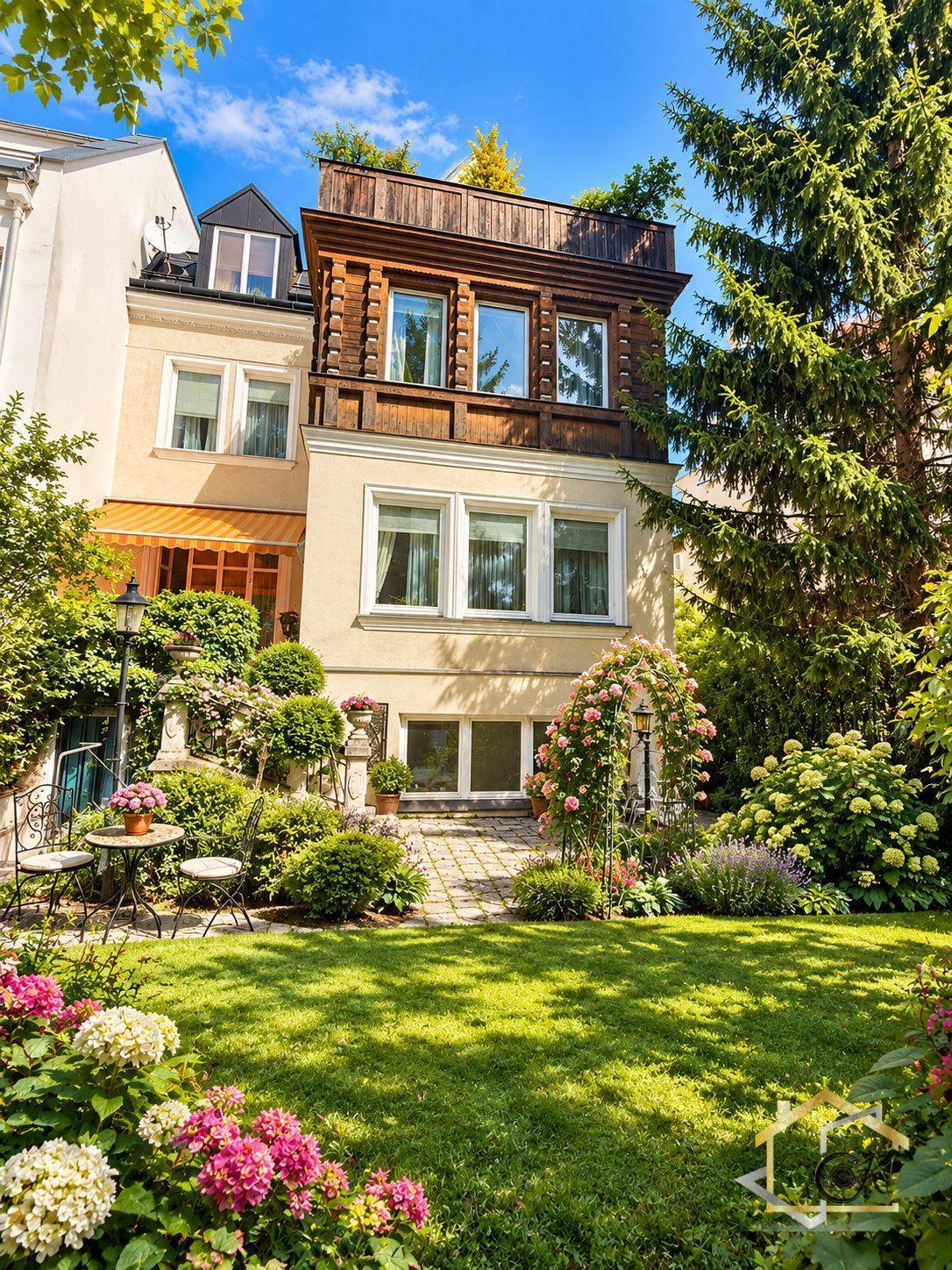 Idyllischer Garten mit üppiger Bepflanzung, Rasenfläche und charmantem Sitzbereich vor der Villa.