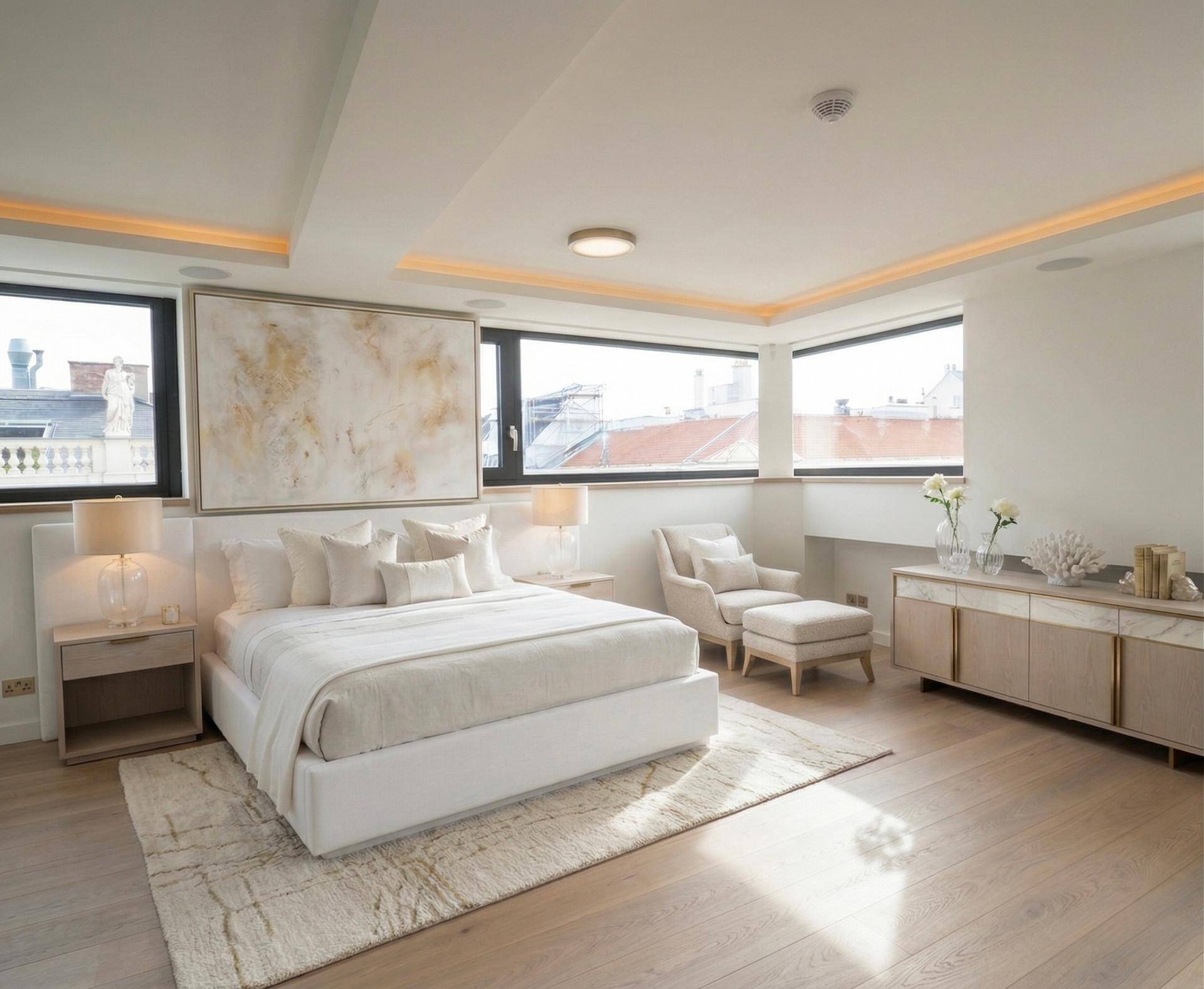 Helles Schlafzimmer mit großen Fenstern, Holzboden und minimalistischer, moderner Einrichtung.