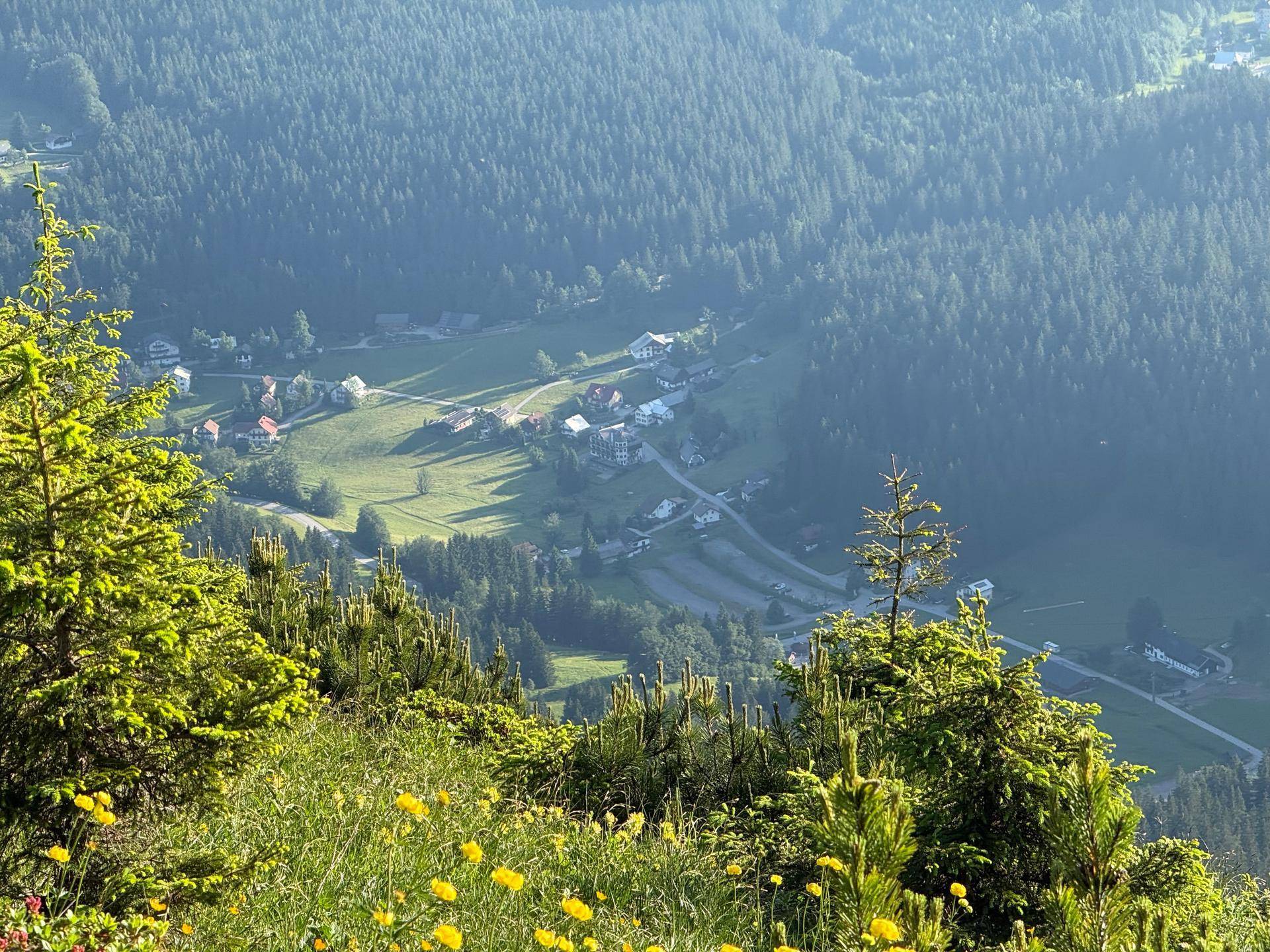 Weitläufiger Blick über ein grünes Tal mit bewaldeten Bergen und kleinen Siedlungen.