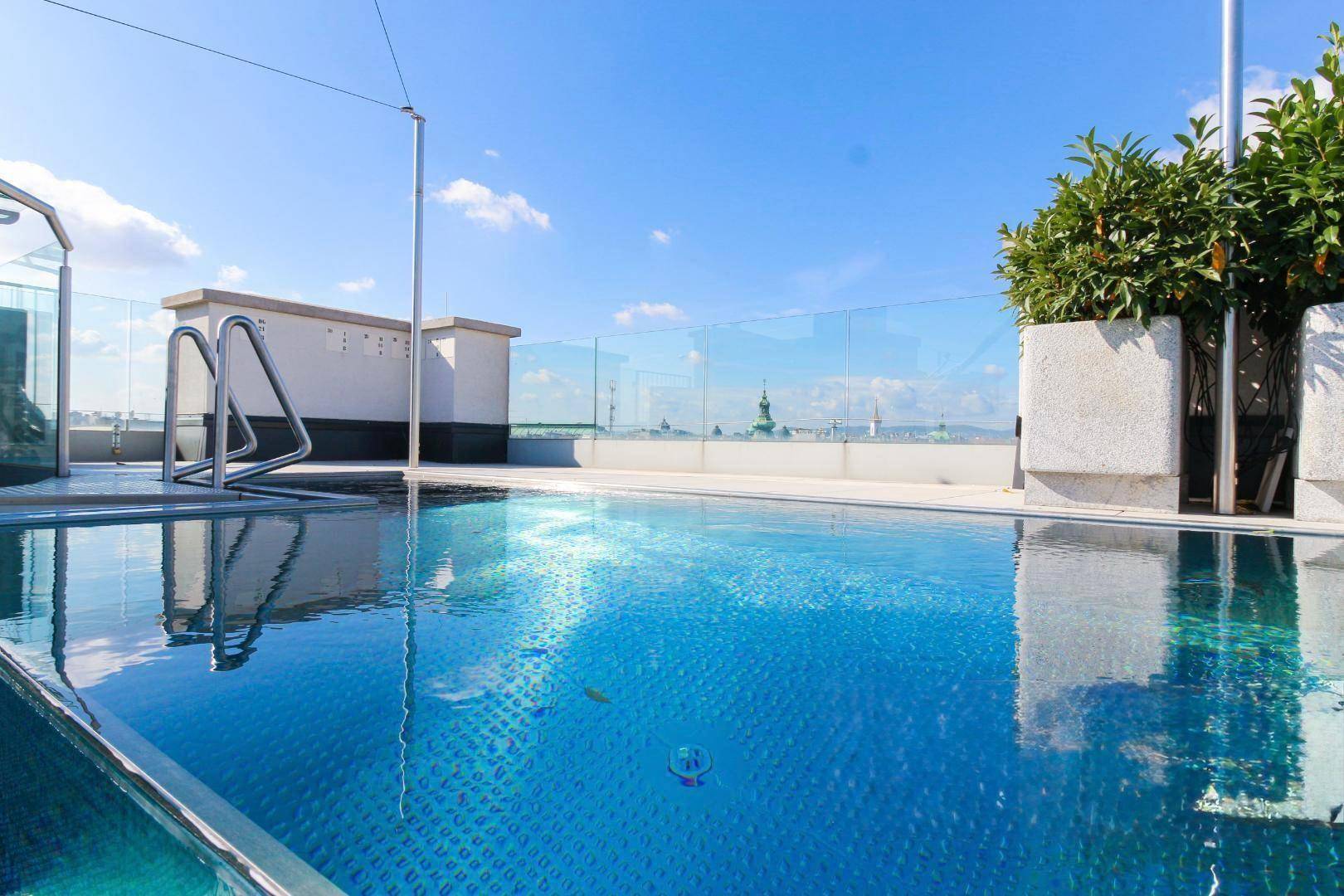 Rooftop-Pool mit blühenden Pflanzen und Panoramablick über die Dächer der Stadt.
