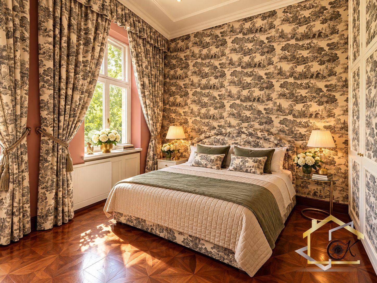 Charmantes Schlafzimmer mit gemusterten Tapeten, Parkettboden und großen Fenstern.