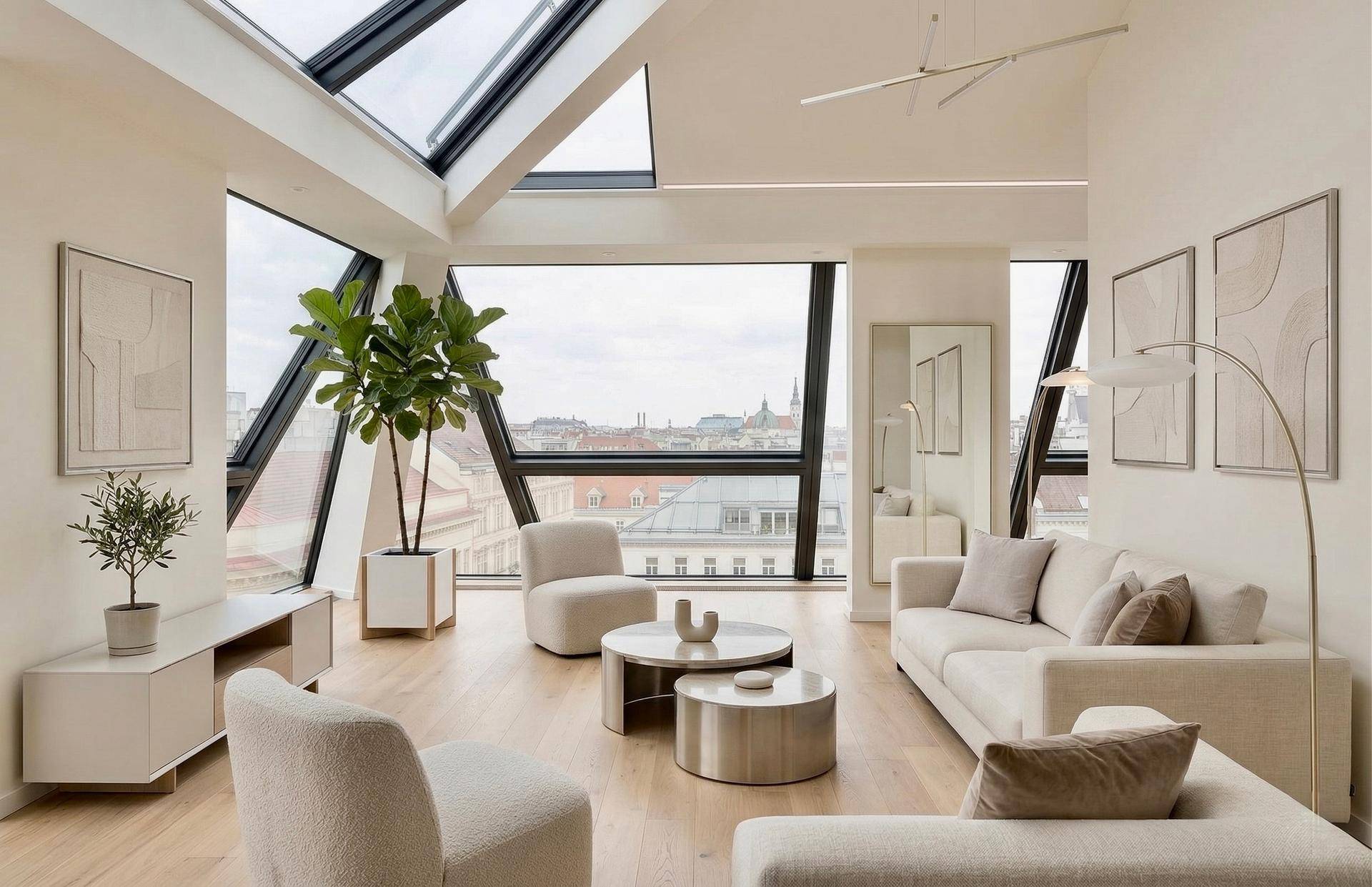 Helles Wohnzimmer mit großen Fenstern, Holzboden und modernem Mobiliar mit Stadtblick.