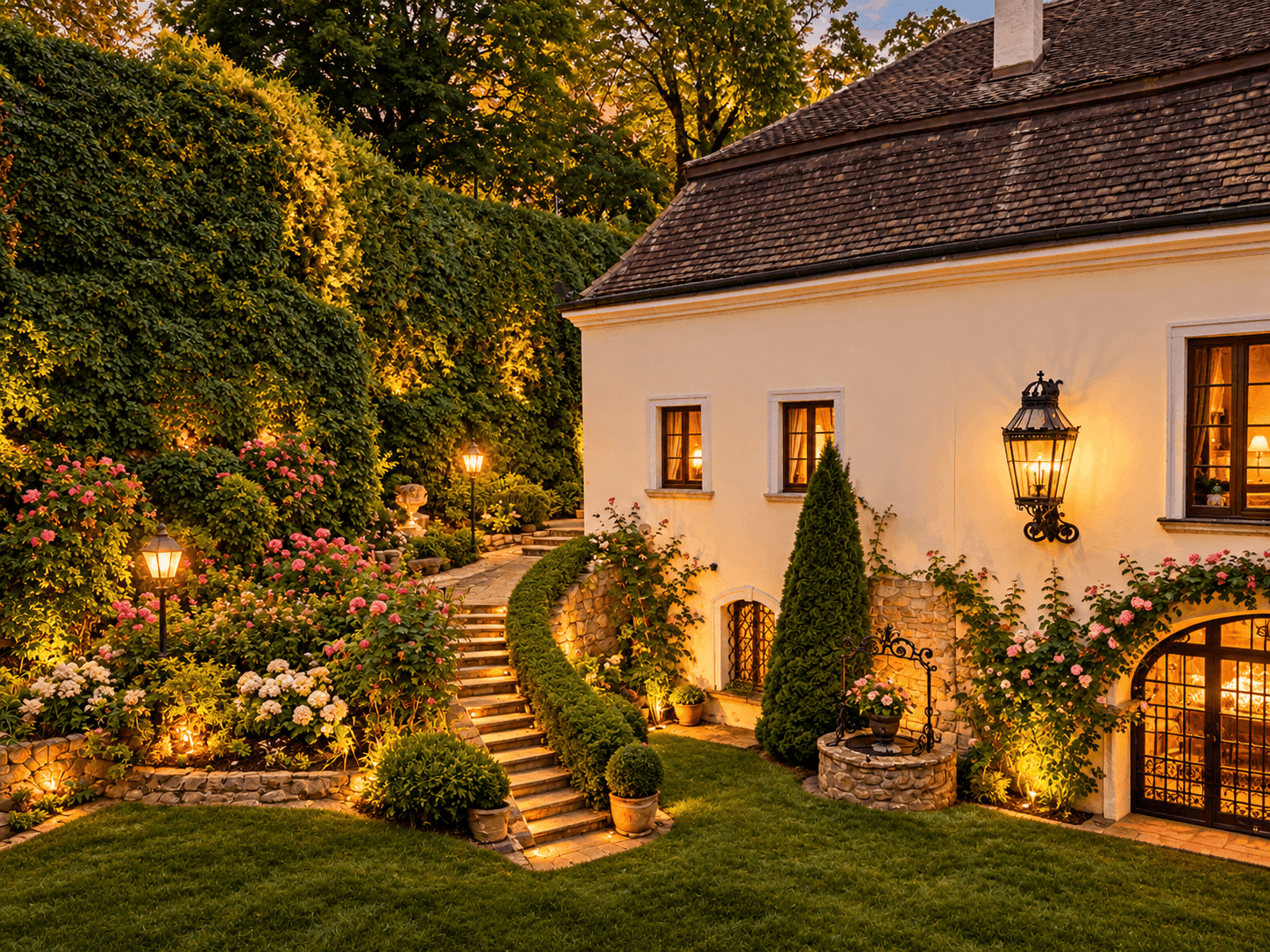 Romantischer Gartenweg mit Rosenbeeten, Steinmauern und stimmungsvoller Beleuchtung am Abend.