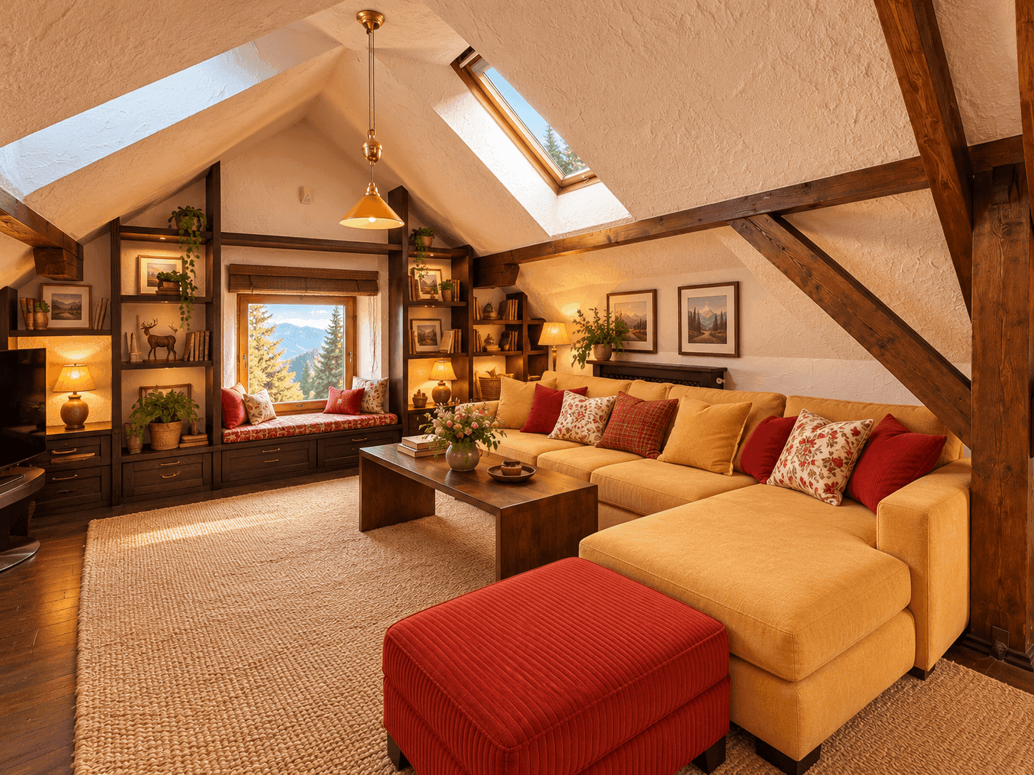 Gemütliches Wohnzimmer im Dachgeschoss mit Holzbalken, Dachfenstern und Bergblick.