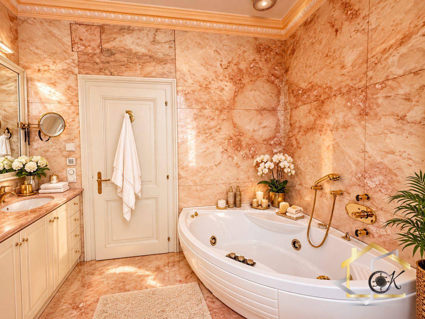 Geräumiges Badezimmer mit rosa Marmorfliesen, Whirlpool-Badewanne und Doppelwaschbecken.