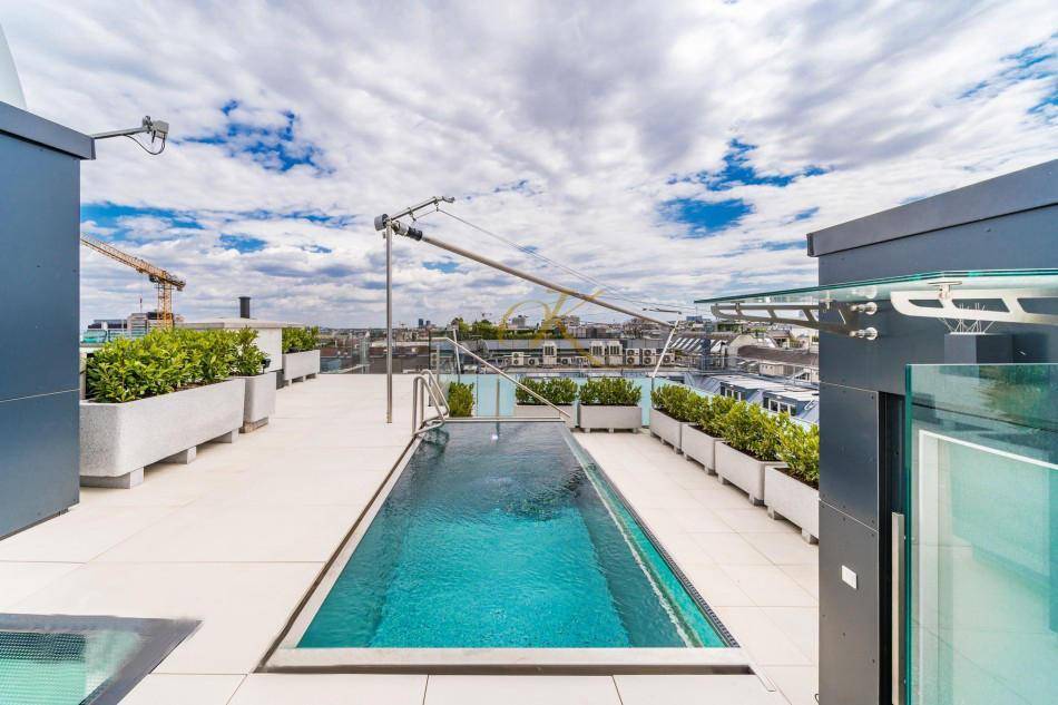 Dachterrasse mit langem Pool, Pflanzenkübeln und Panoramablick über die Stadt.
