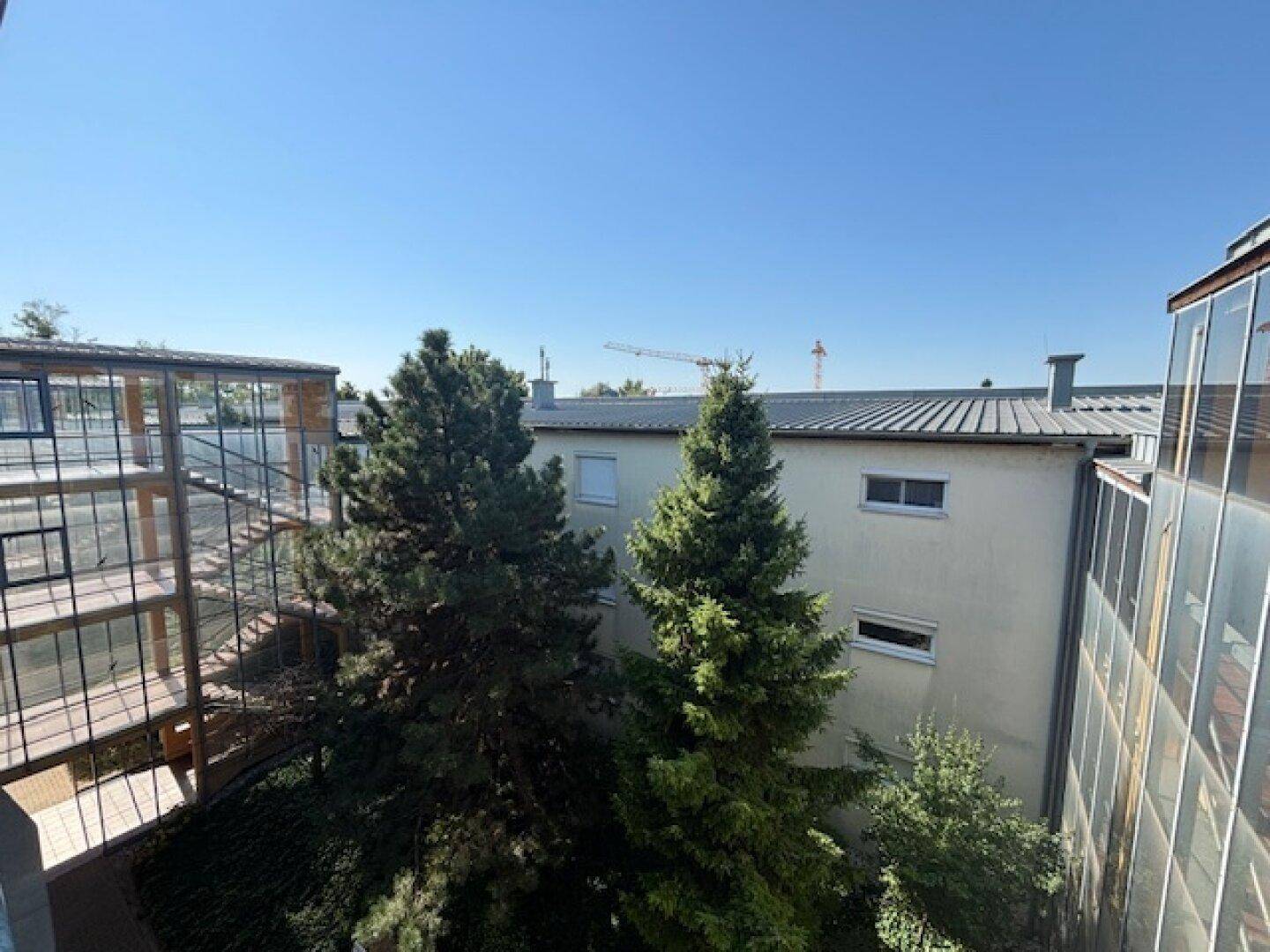 Blick auf umliegende Gebäude und grüne Bäume von der Wohnung aus.