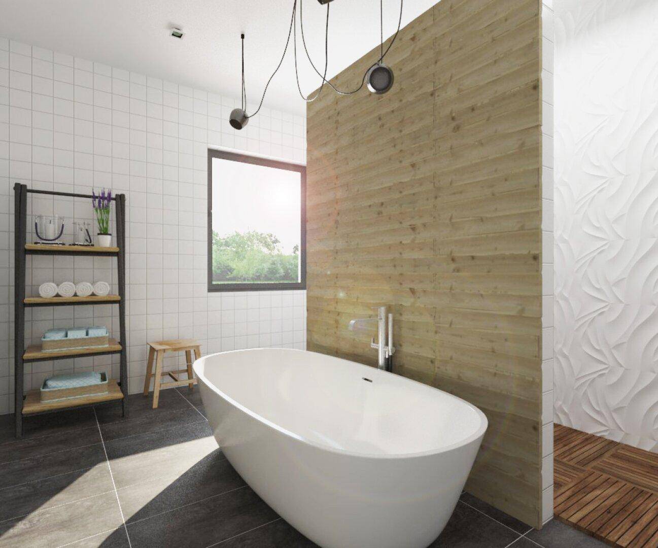 Modernes Badezimmer mit freistehender Badewanne, Holzverkleidung und Fenster.