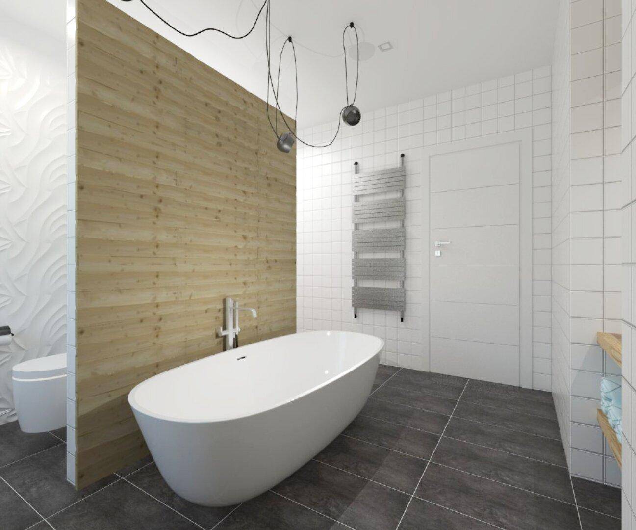 Helles Badezimmer mit freistehender Badewanne, Holzdetails und beheiztem Handtuchhalter.