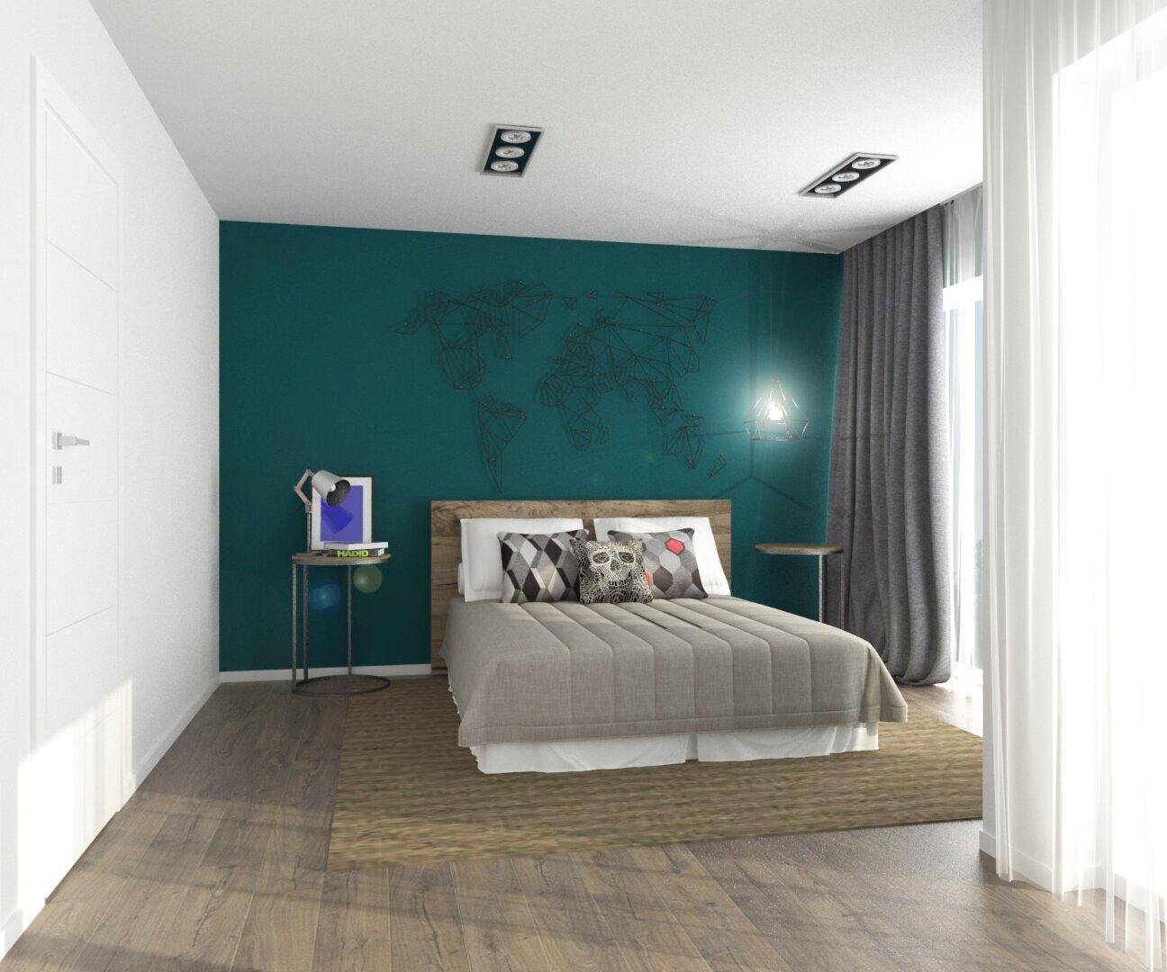 Modernes Schlafzimmer mit Holzboden, farbiger Akzentwand und großen Fenstern.