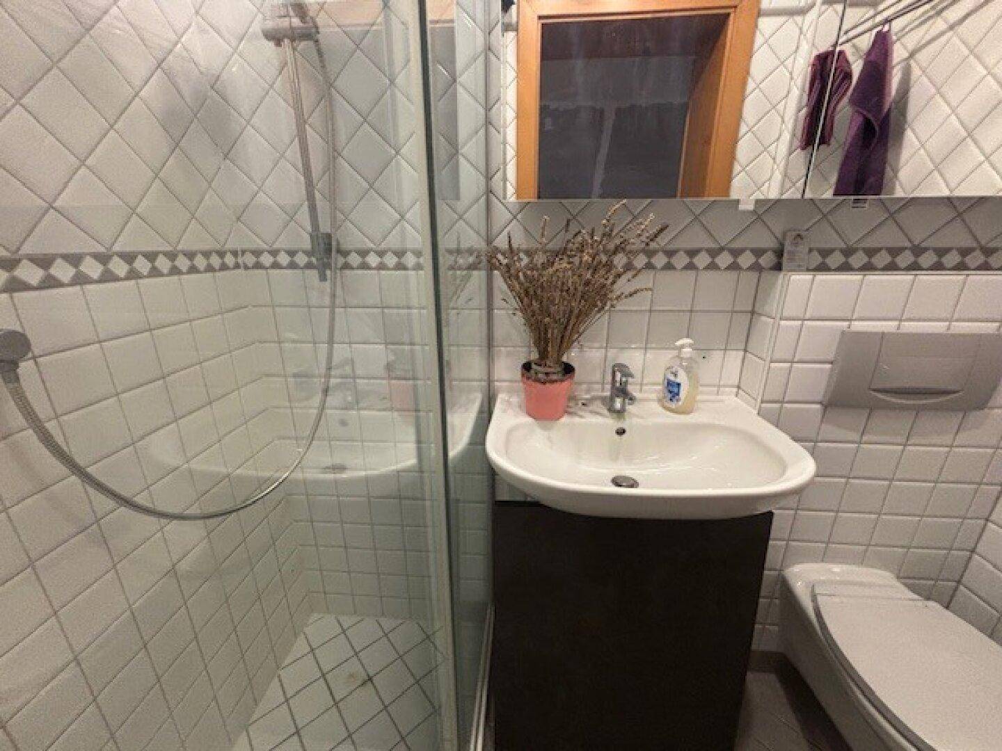 Kleines Badezimmer mit Duschkabine, Waschbecken und weißen Fliesen.