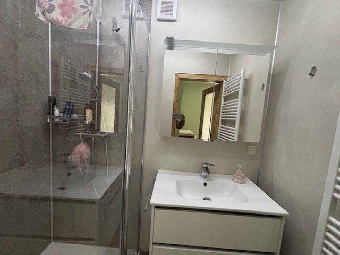 Modernes Badezimmer mit Duschkabine, Waschbeckenunterschrank und Spiegelschrank.