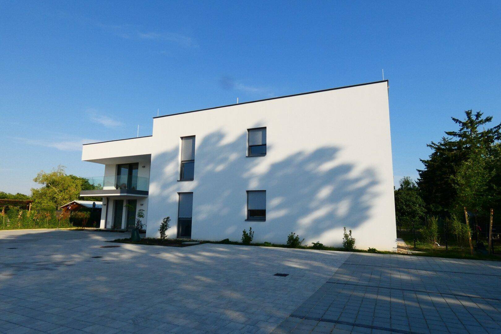 Seitenansicht des modernen Gebäudes mit minimalistischer Architektur und großzügigen gepflasterten Parkflächen.