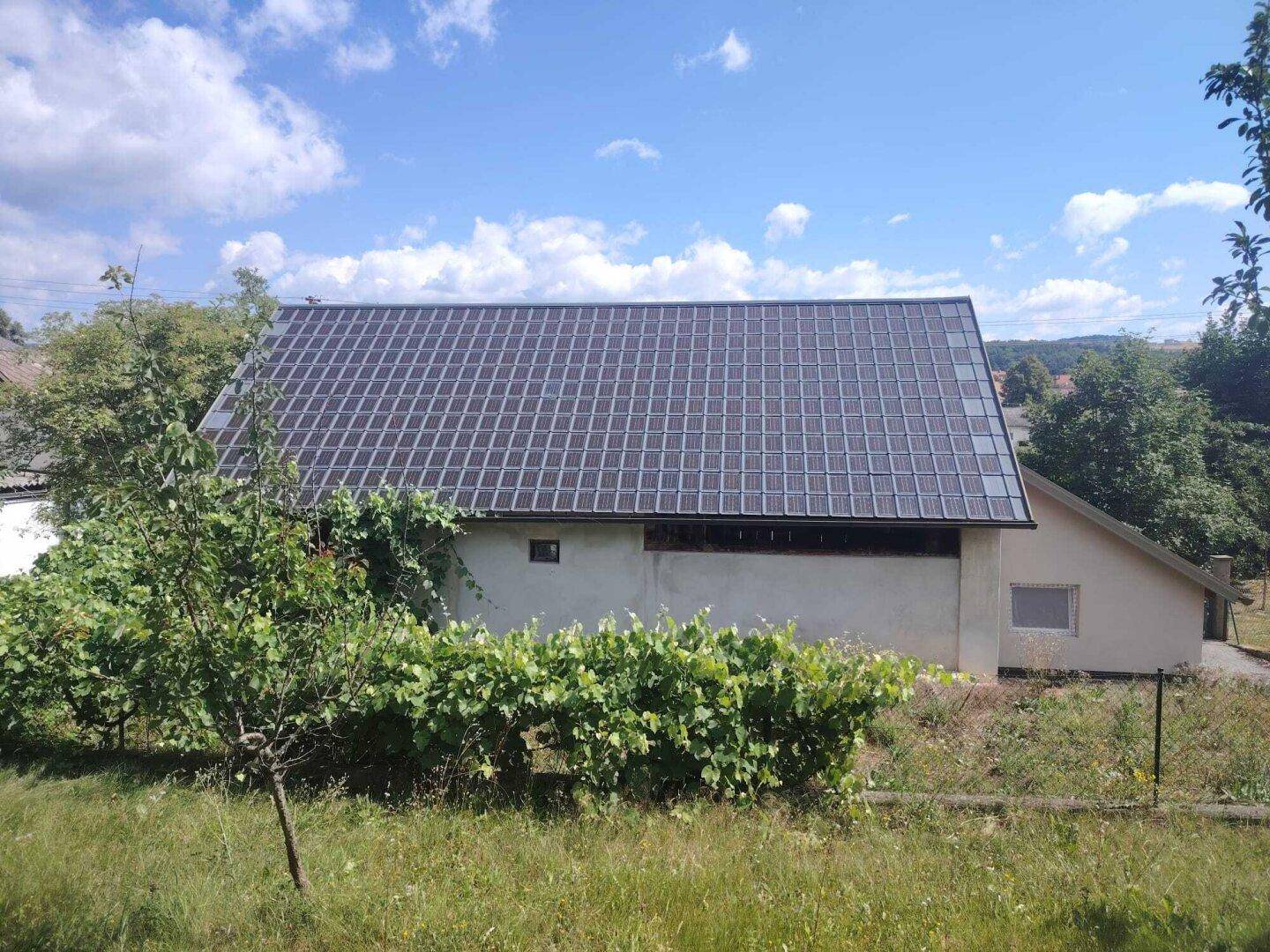 Rückseite eines Gebäudes mit großflächiger Photovoltaikanlage auf dem Dach und viel Grün.