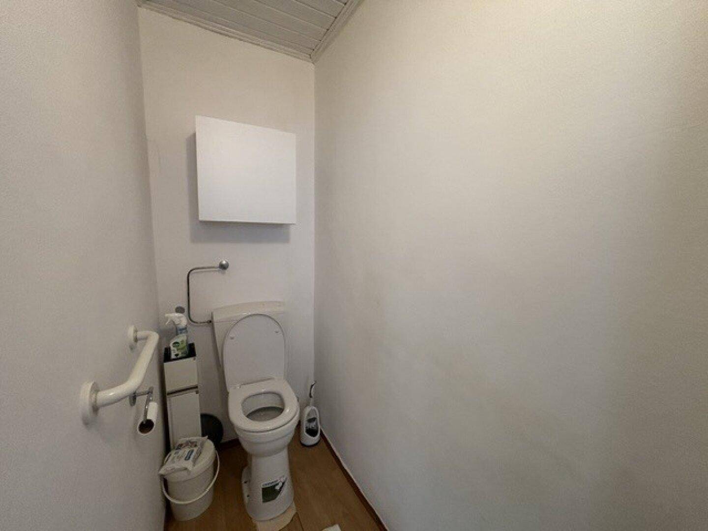 Separate Toilette mit WC, Haltegriff und Holzdecke.