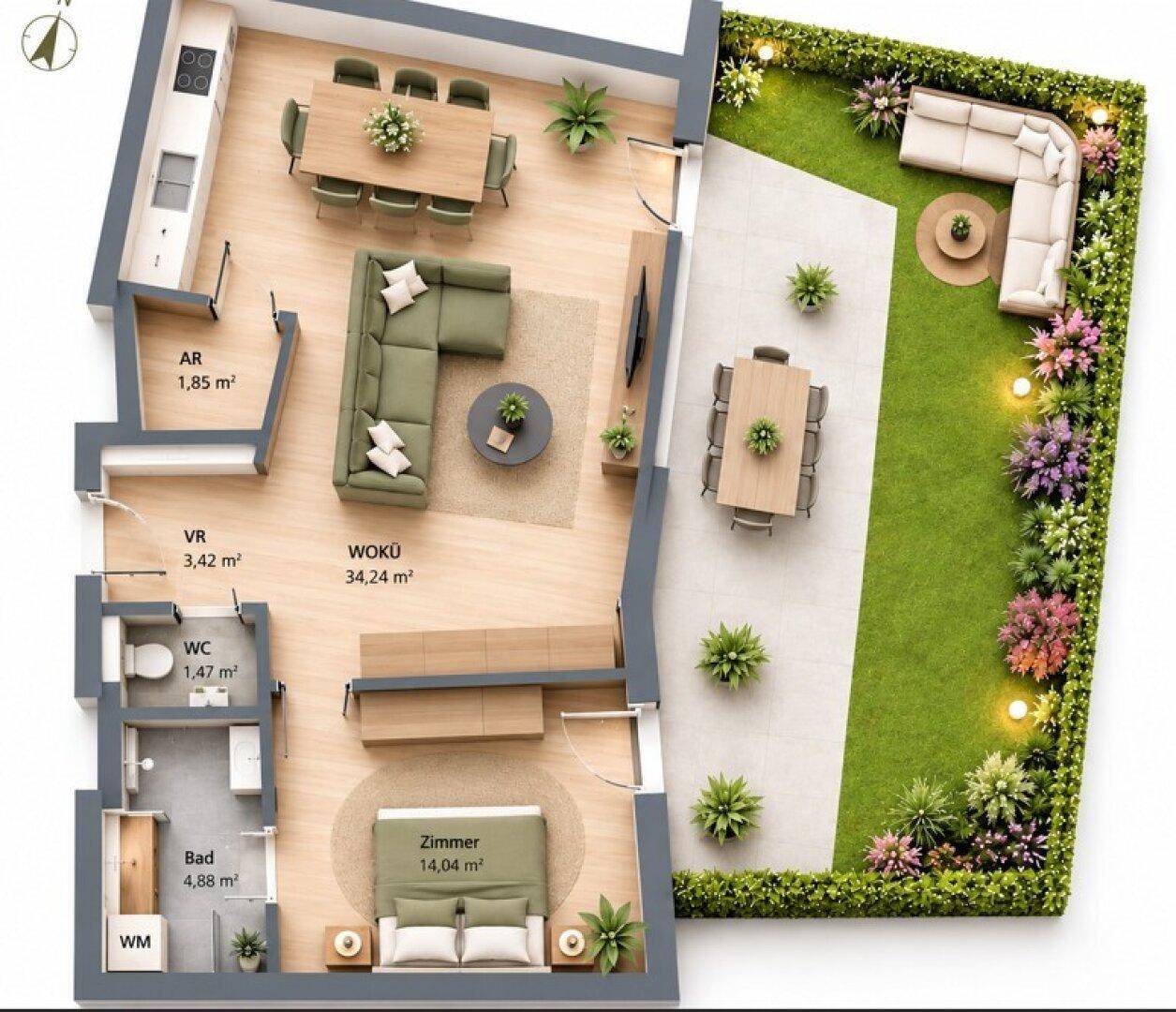 Detaillierter Grundriss einer Wohnung mit offenem Wohnbereich, Schlafzimmer und Garten.