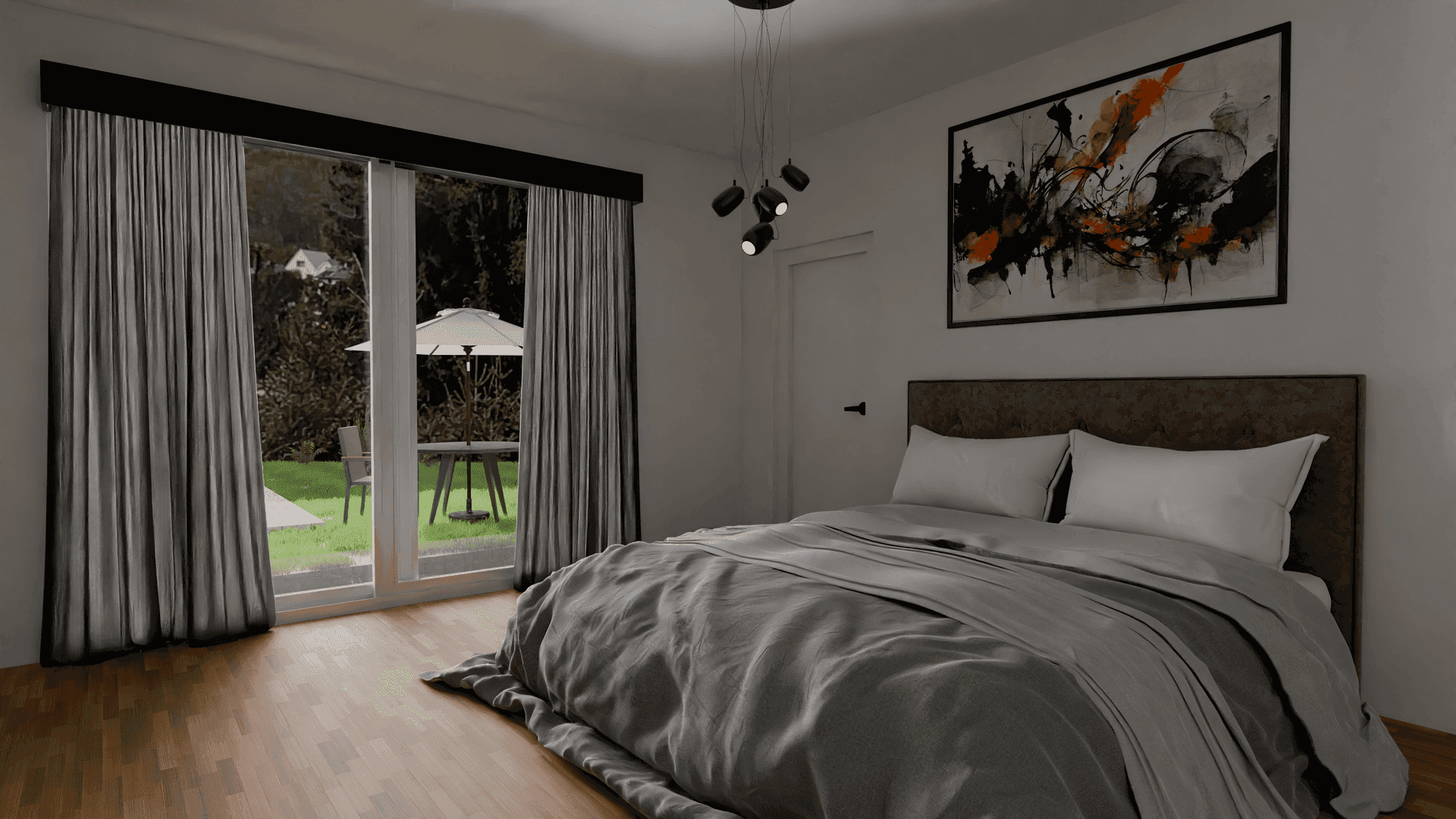 Schlafzimmer mit großem Bett, Holzboden und Zugang zu einer Terrasse oder Garten.