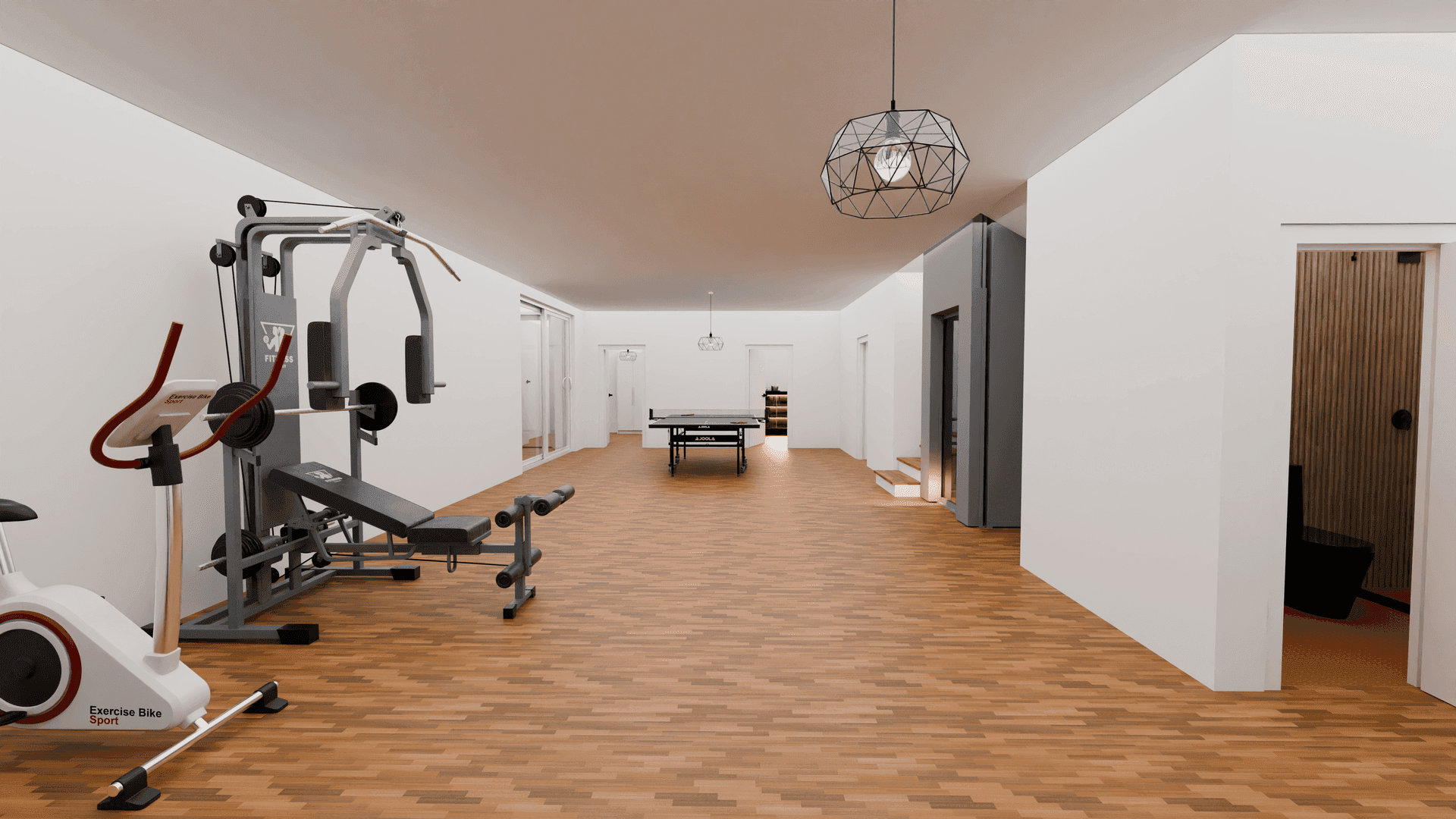 Großer Fitnessraum mit verschiedenen Trainingsgeräten, Tischtennisplatte und Sauna im Hintergrund.