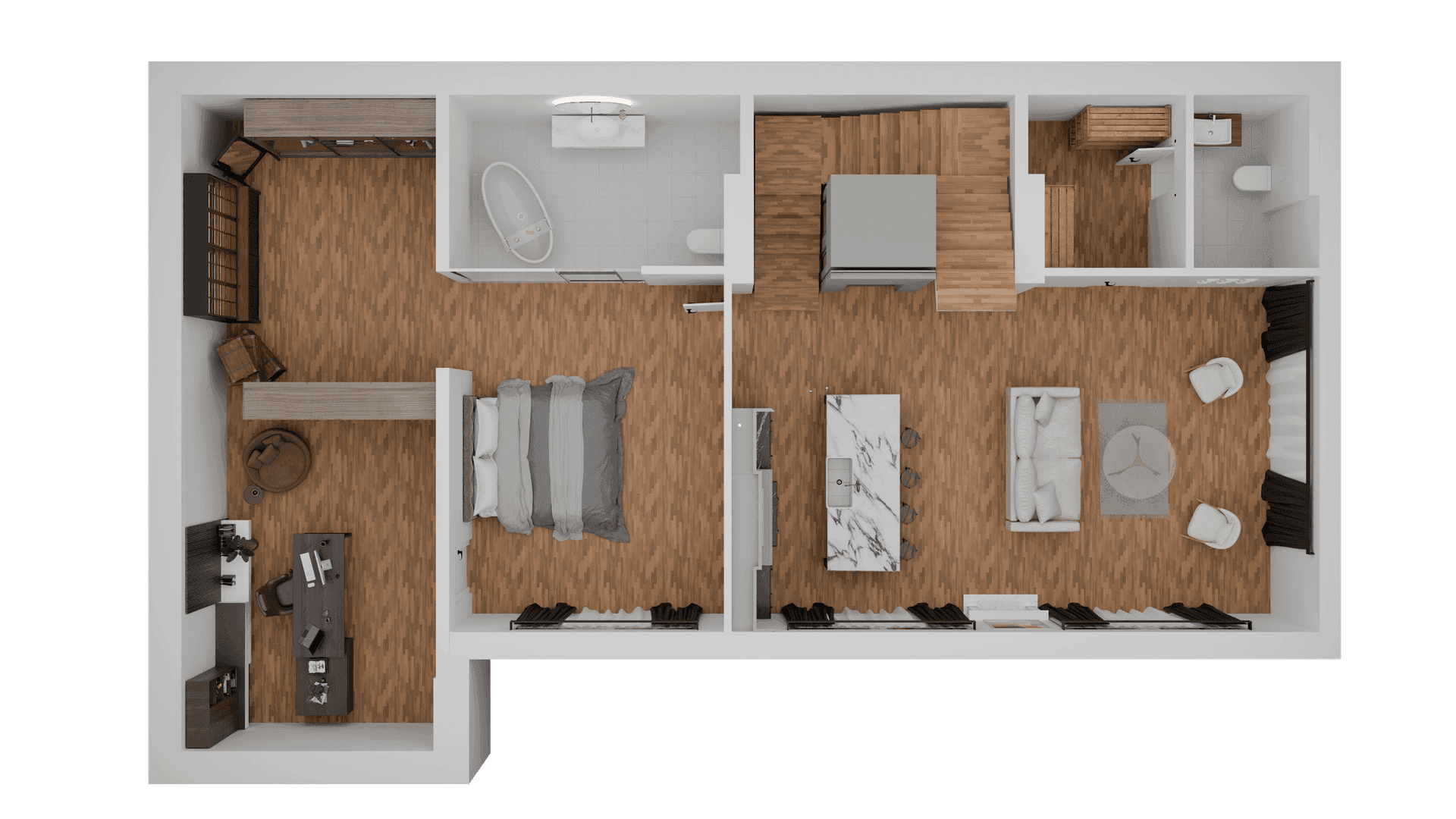 Grundriss des Obergeschosses mit Schlafzimmer, Bad, Ankleide und offenem Wohnbereich.