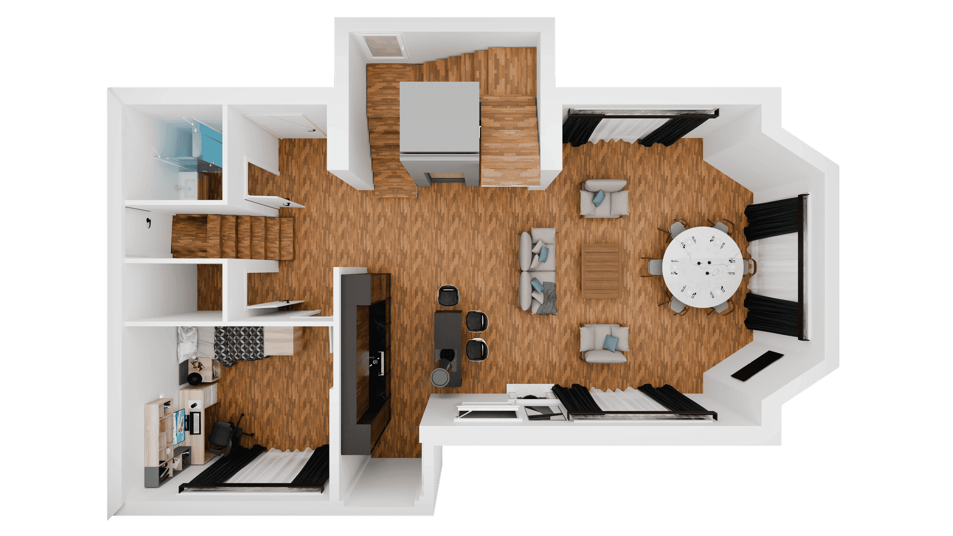 Grundriss des Erdgeschosses mit offenem Wohn-Essbereich, Küche und Schlafzimmer.