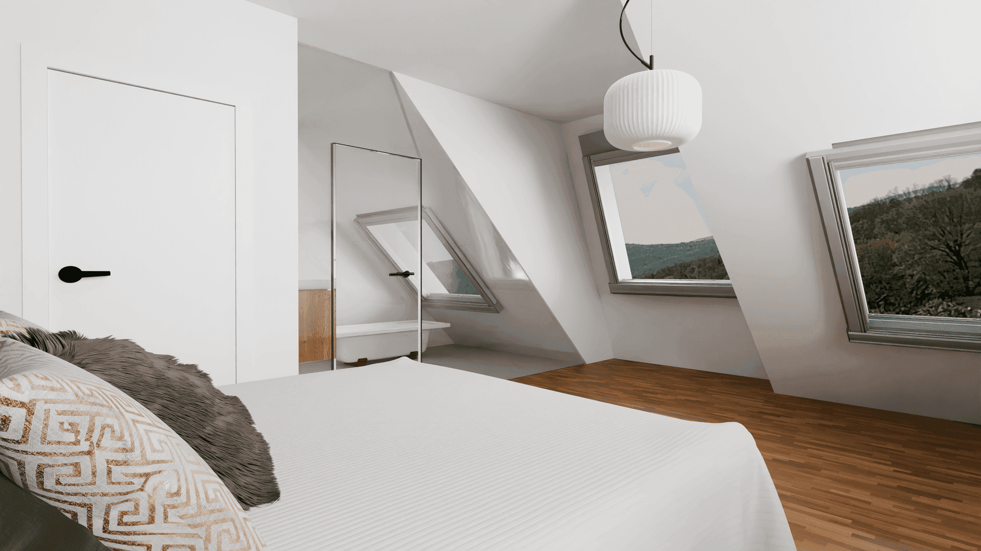 Schlafzimmer im Dachgeschoss mit Holzboden, Dachfenstern und Blick auf die Landschaft.