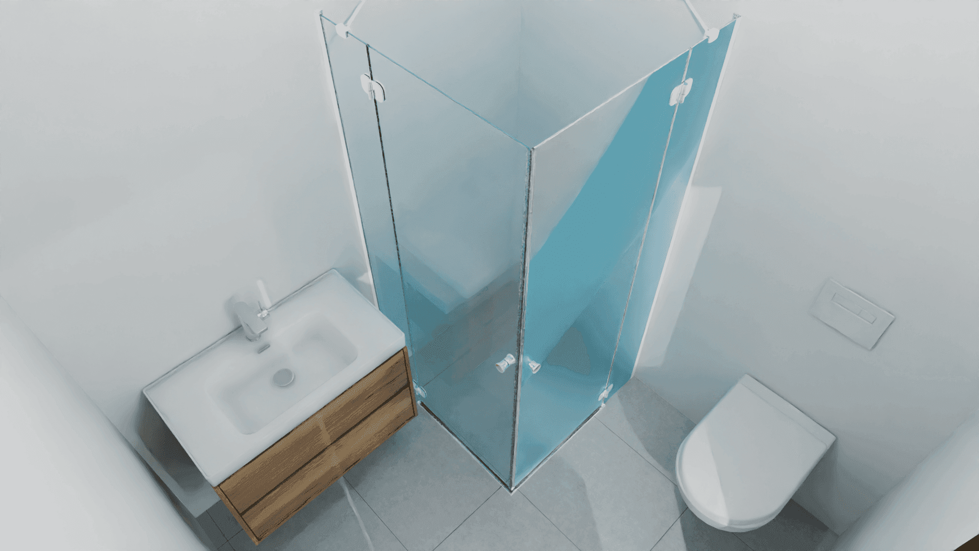 Kleines modernes Badezimmer mit Duschkabine, Waschbecken und wandhängendem WC.