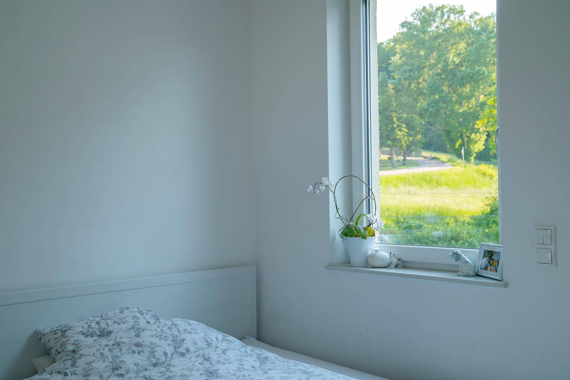 Helles Schlafzimmer mit Einzelbett und Fenster, das einen ruhigen Blick ins Grüne bietet.