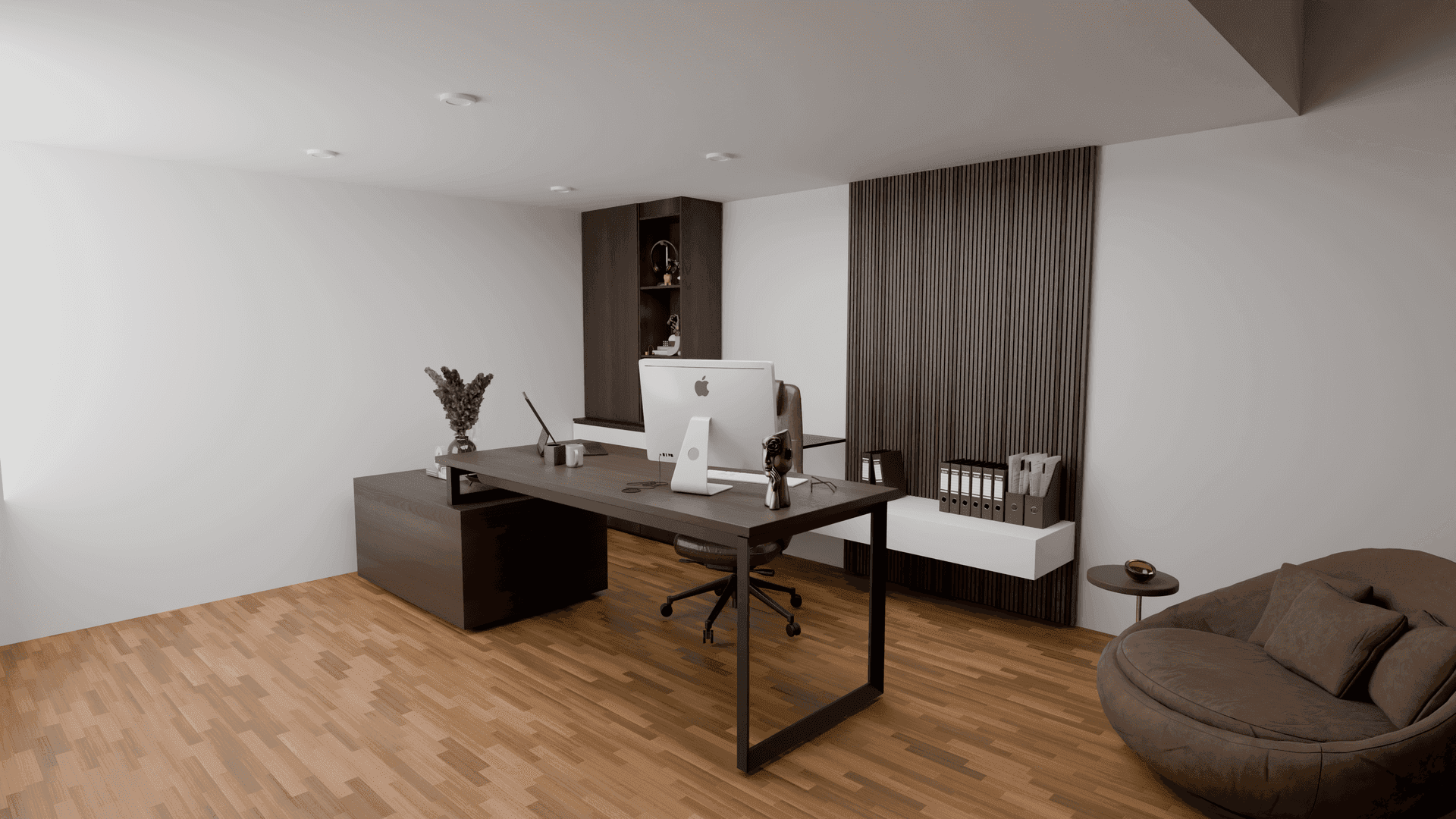 Modernes Büro mit großem Schreibtisch, Holzpaneelwand und bequemen Sitzsack.