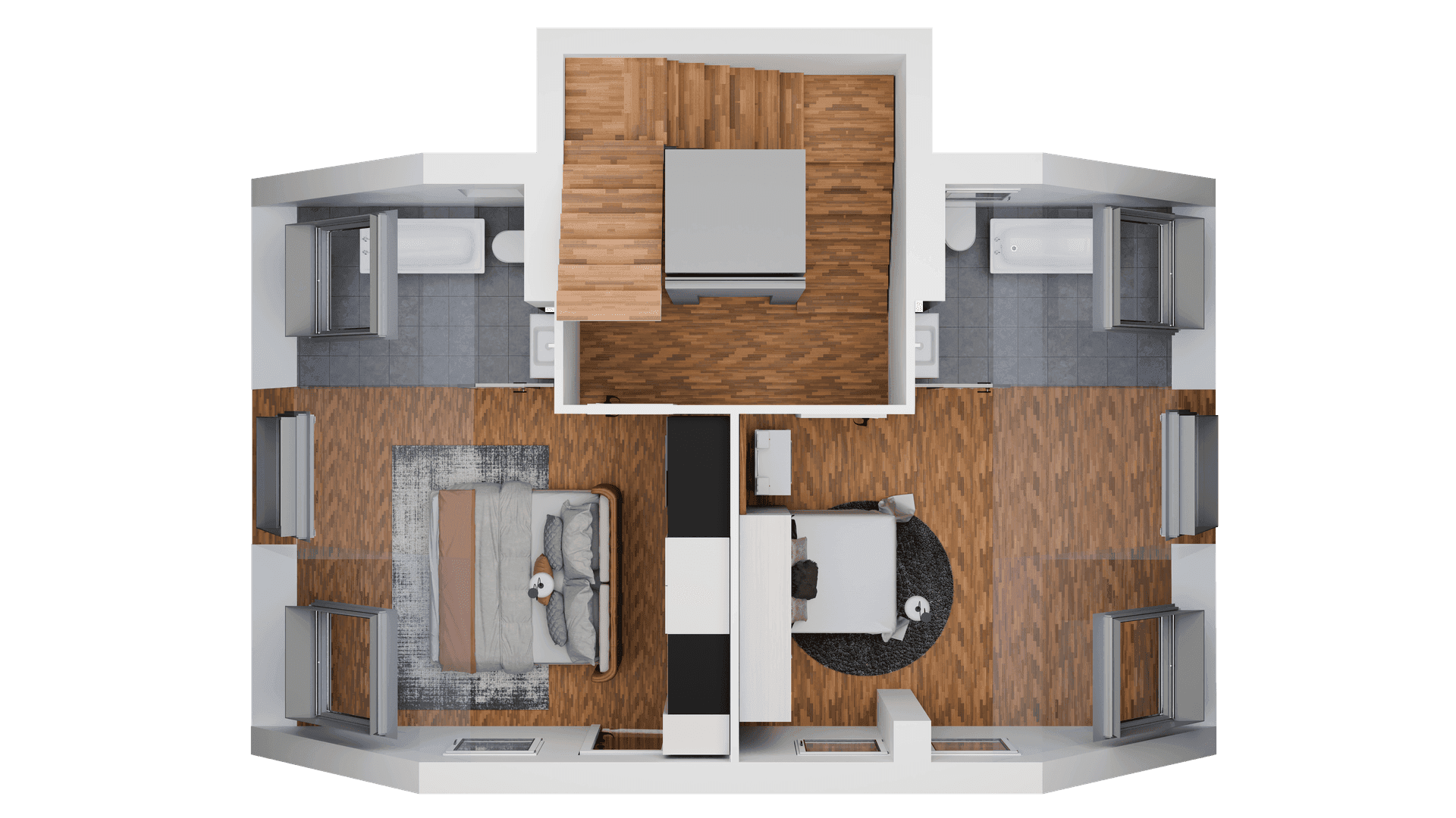 Grundriss einer Etage mit zwei Schlafzimmern, jeweils mit eigenem Bad und Holzboden.