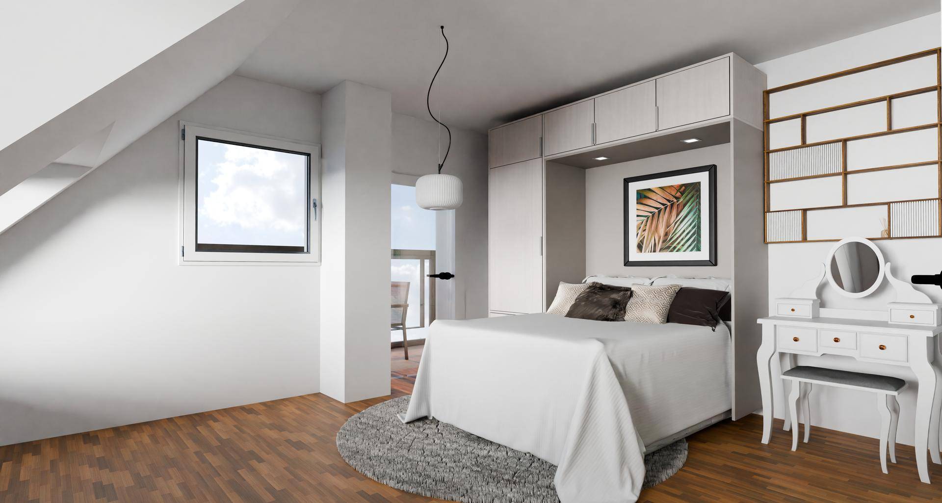 Gemütliches Schlafzimmer im Dachgeschoss mit Einbauschränken und Fenster.