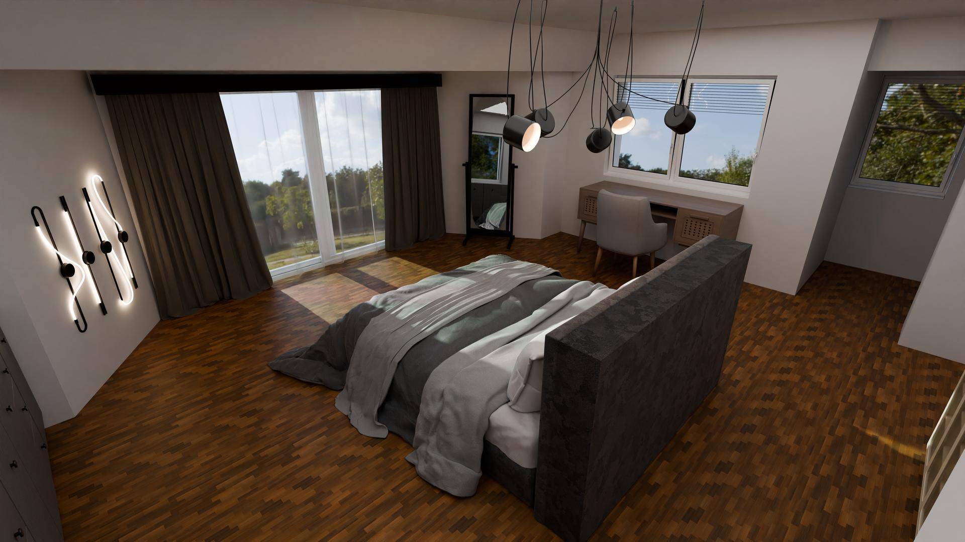 Geräumiges Schlafzimmer mit Holzboden, großen Fenstern und moderner Beleuchtung.