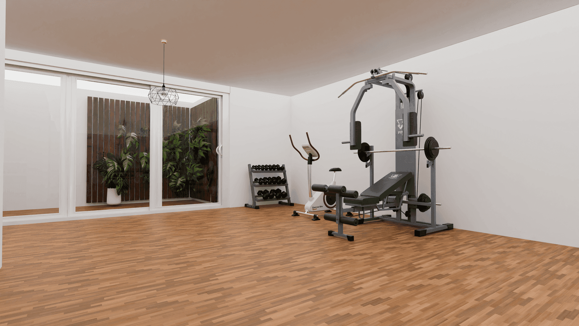 Fitnessbereich mit Kraftstation, Hanteln und Blick auf einen kleinen begrünten Innenhof.