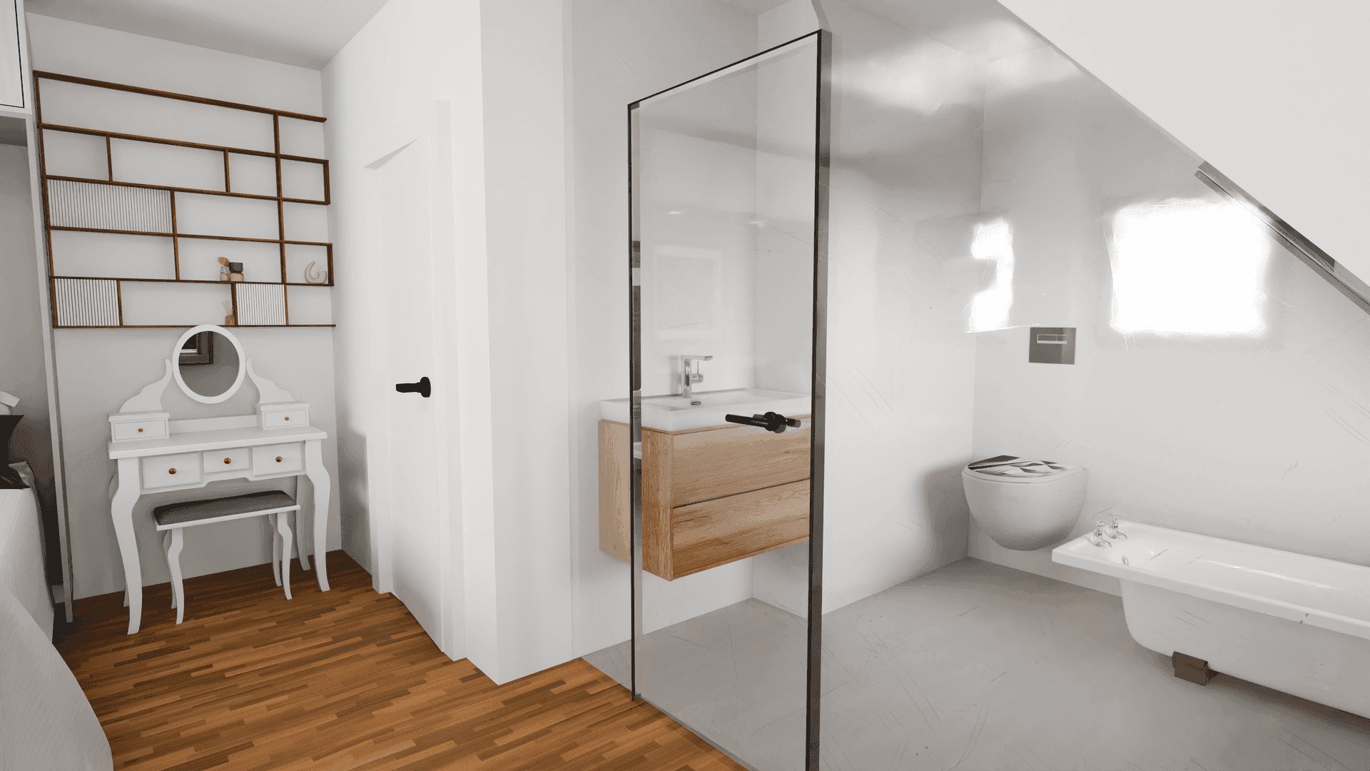 Modernes Badezimmer im Dachgeschoss mit Badewanne, Duschkabine und Schminktisch.