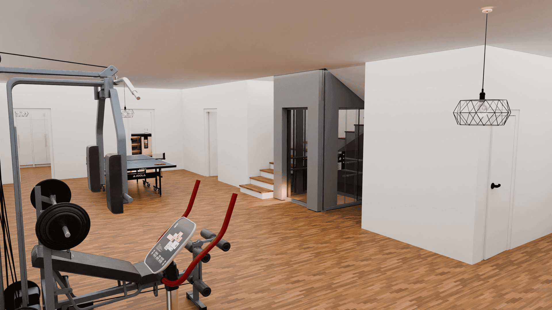 Geräumiger Fitnessbereich mit Trainingsgeräten, Tischtennisplatte und Zugang zu einer Treppe.