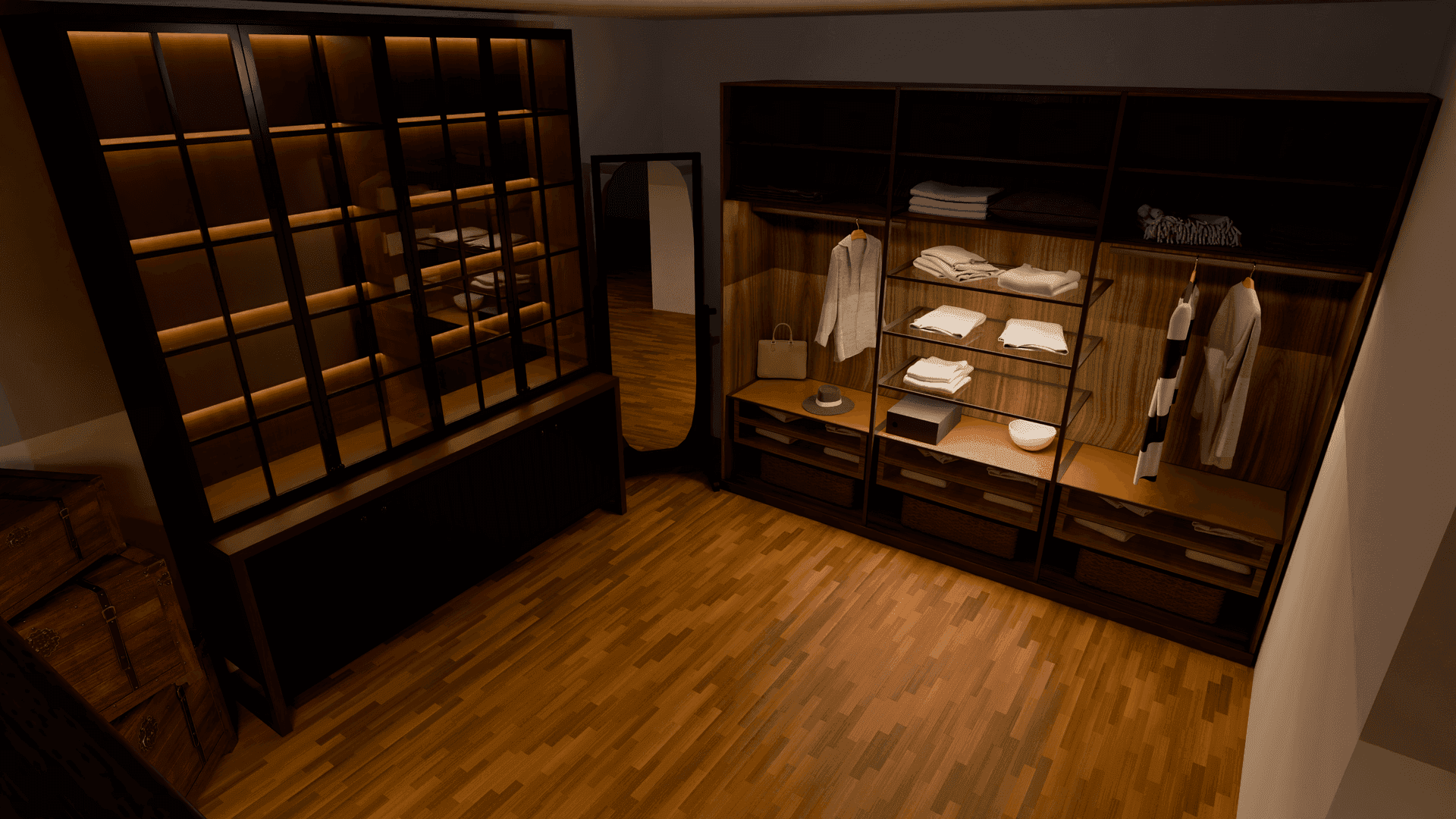 Geräumiger begehbarer Kleiderschrank mit offenen Regalen, Schränken und Holzboden.