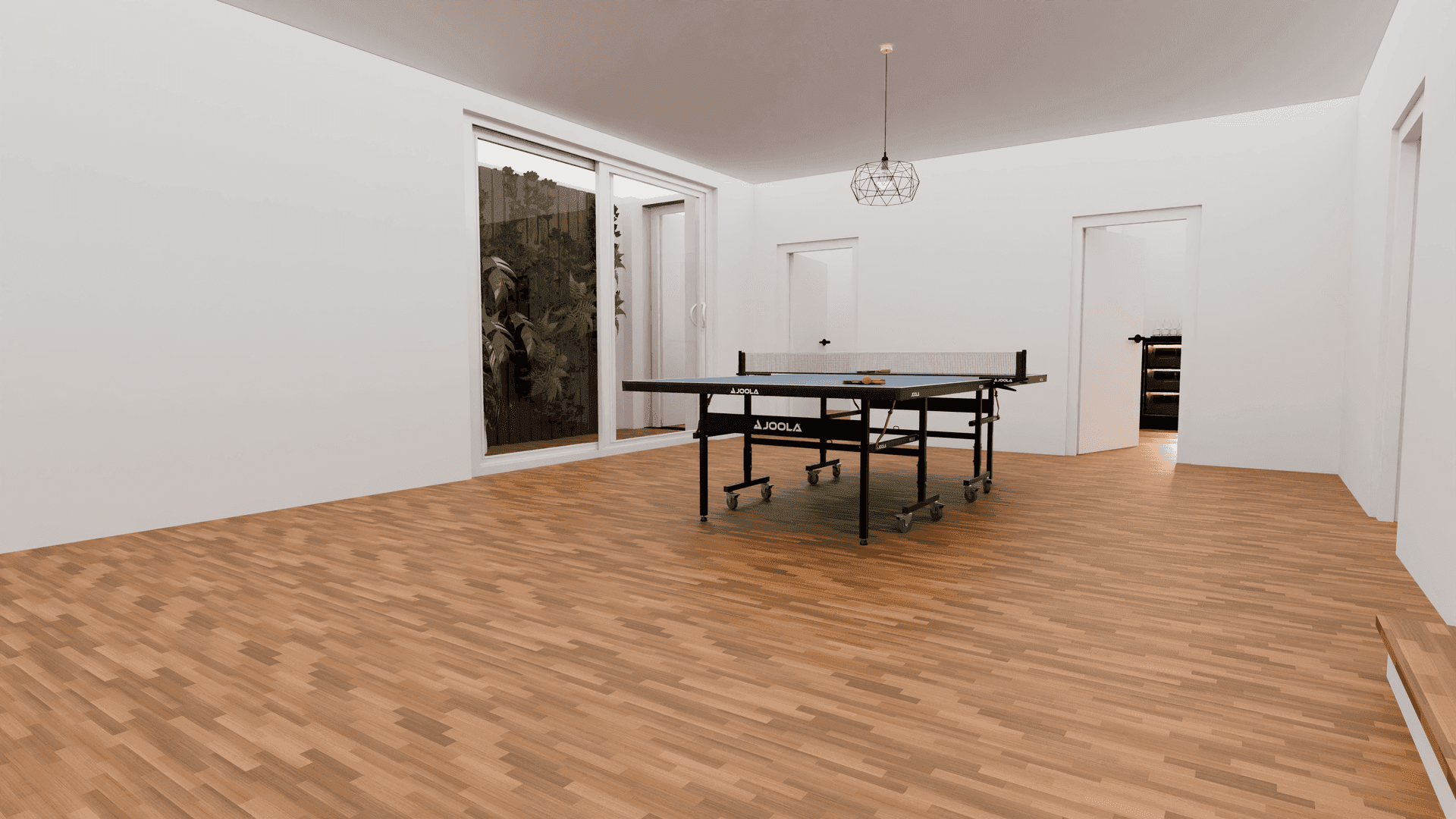 Heller Raum mit Tischtennisplatte und Schiebetür zu einem kleinen begrünten Außenbereich.
