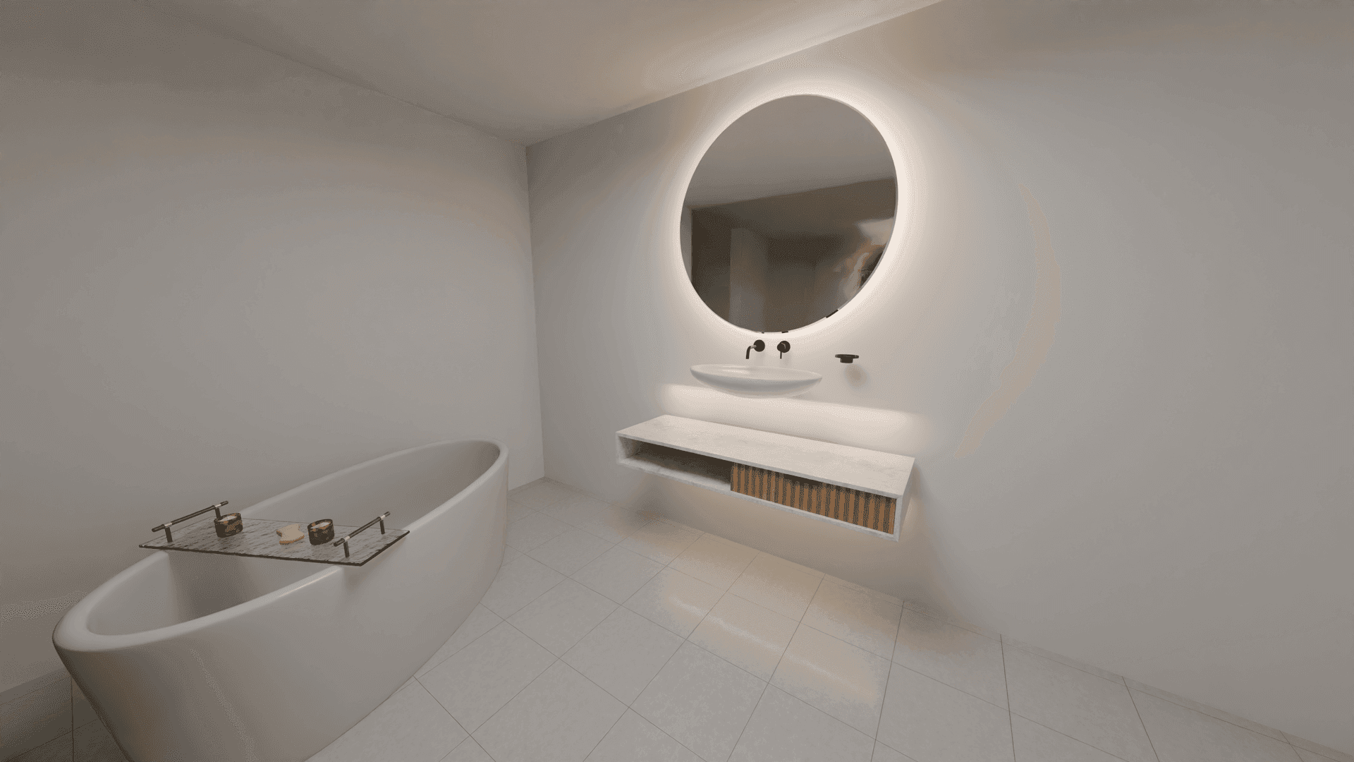 Modernes Badezimmer mit freistehender Badewanne, rundem beleuchtetem Spiegel und minimalistischem Design.