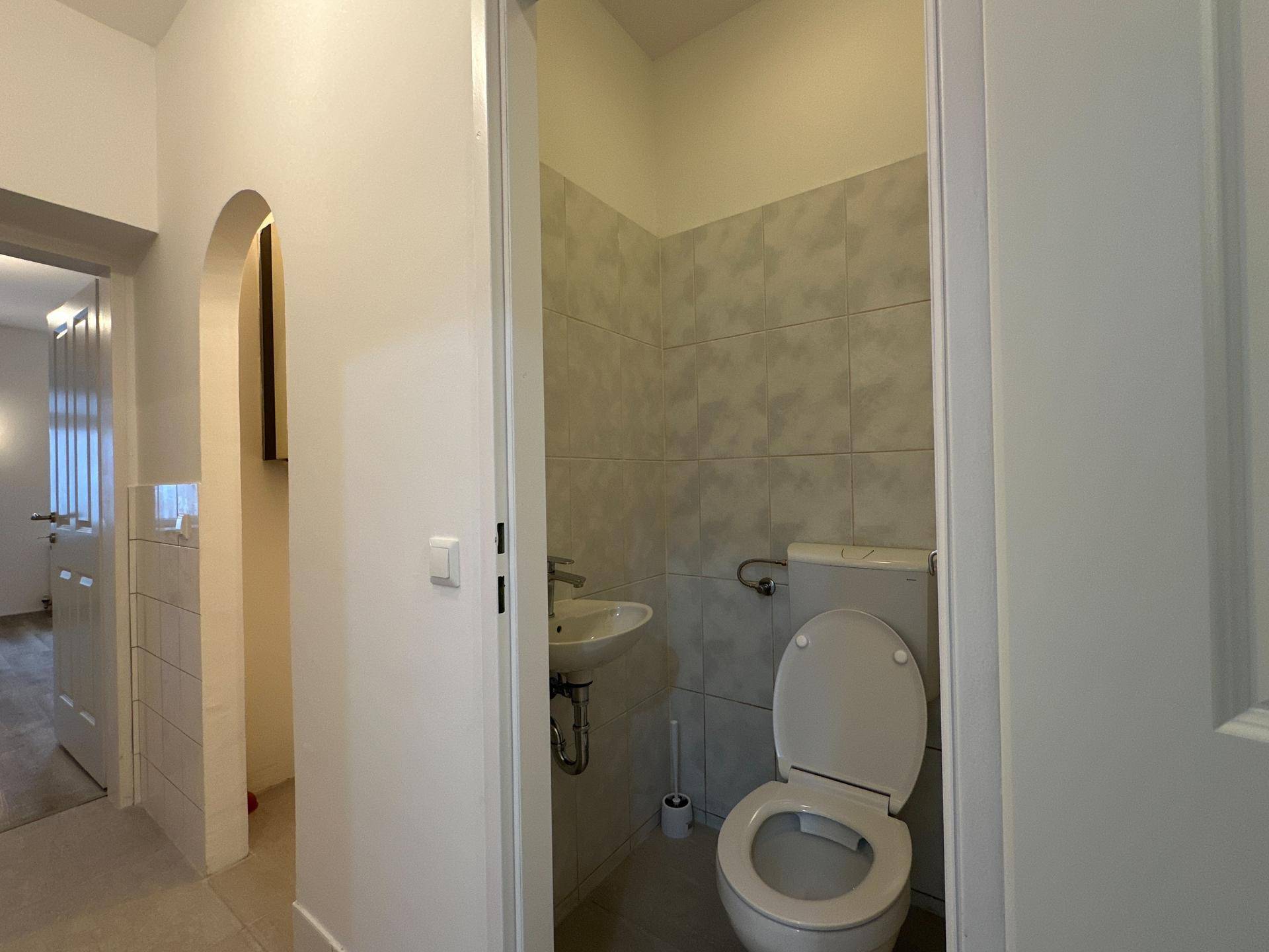 Kleines Gäste-WC mit Toilette und Handwaschbecken, praktisch und funktional.