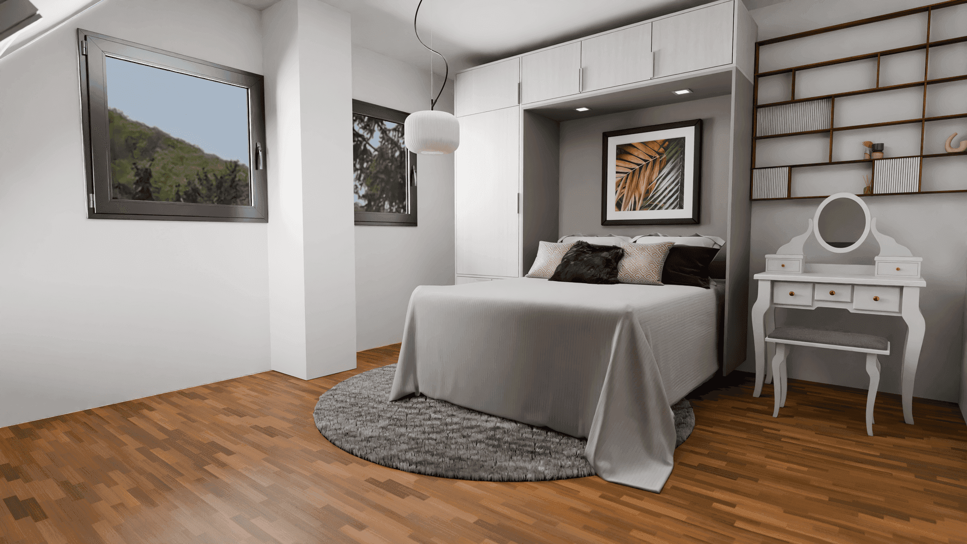 Gemütliches Schlafzimmer im Dachgeschoss mit Einbauschrank, Schminktisch und Holzboden.