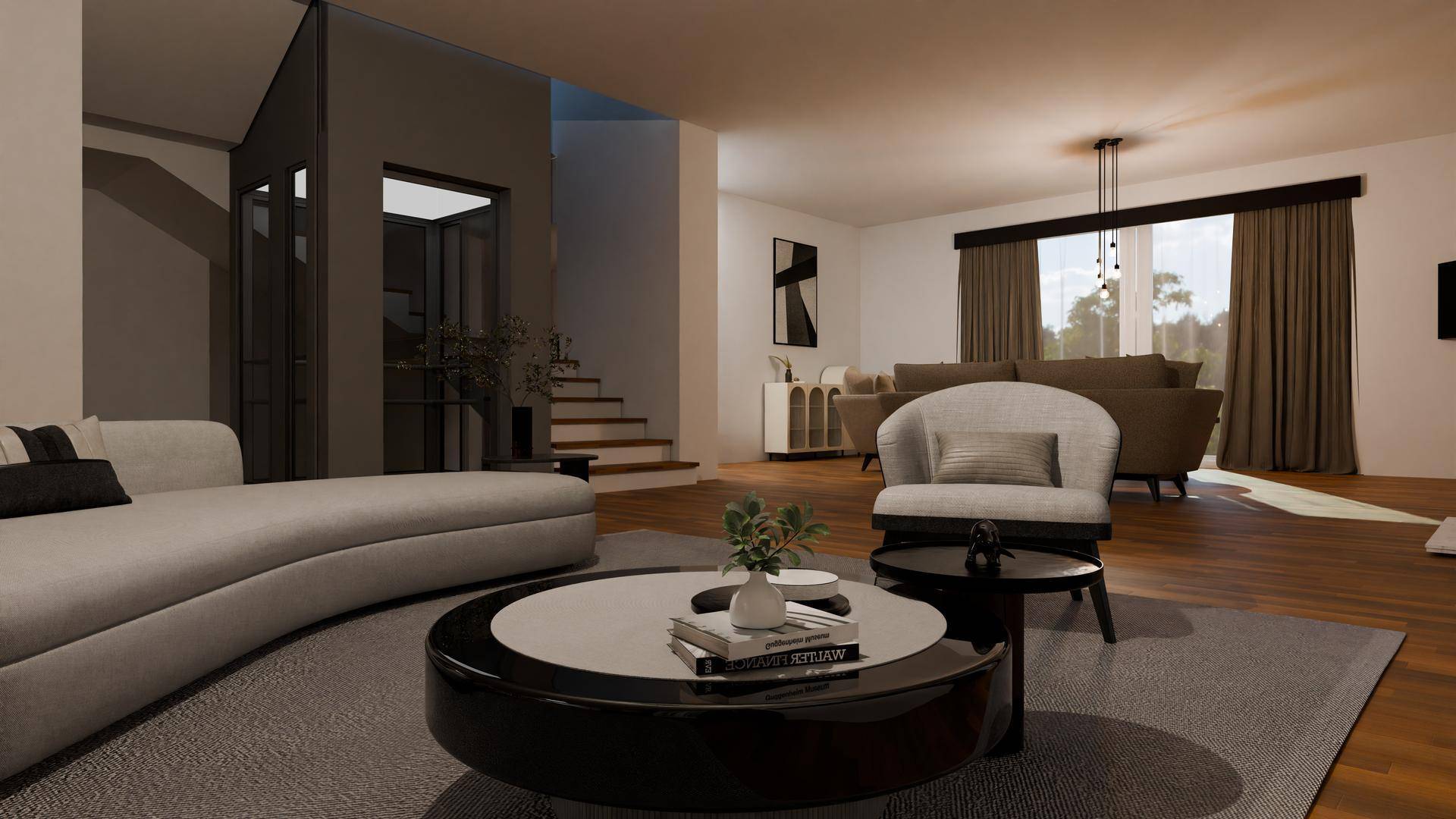 Elegantes Wohnzimmer mit modernen Möbeln, Holzboden und Zugang zur Treppe.