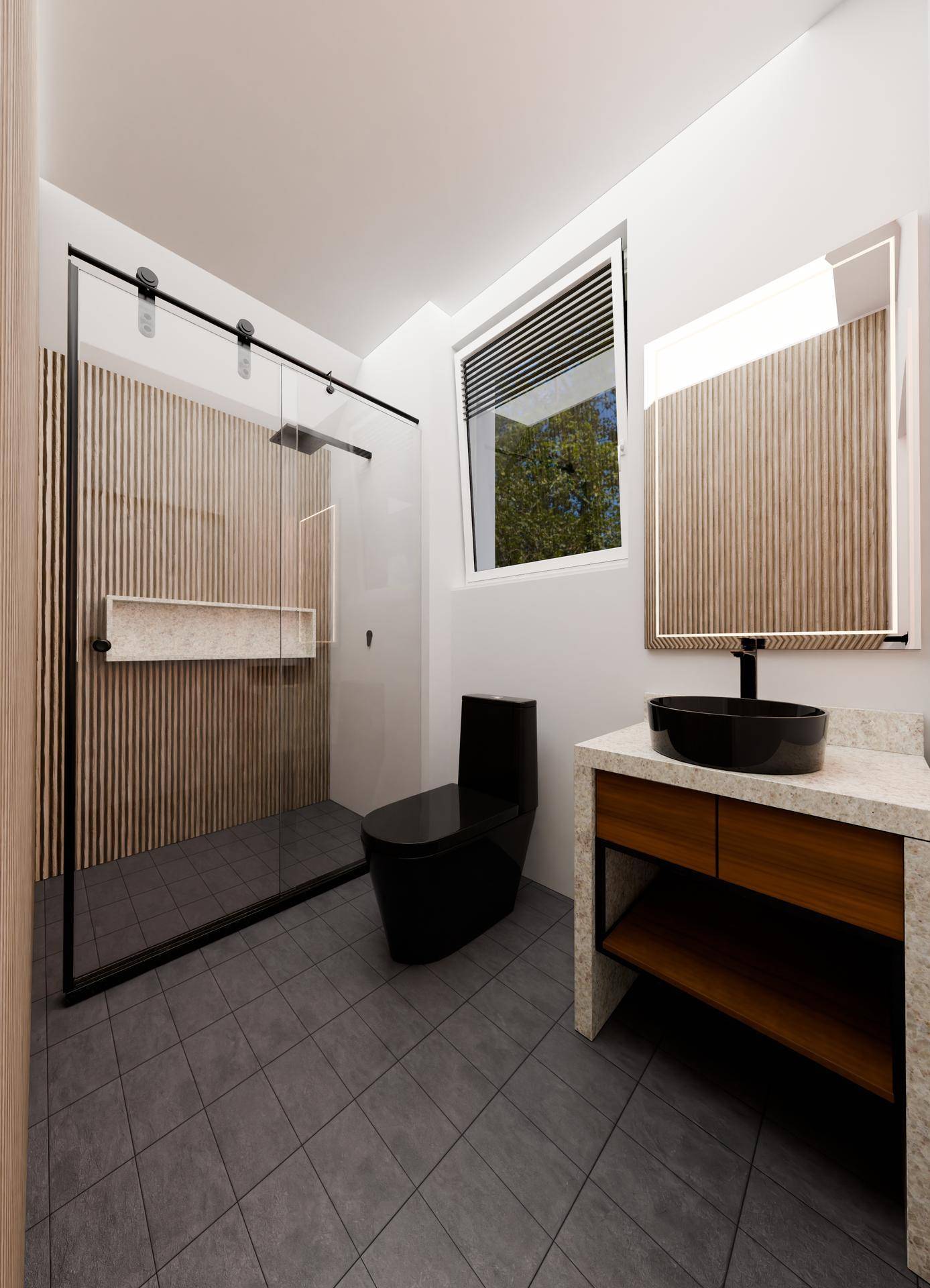 Modernes Badezimmer mit begehbarer Dusche, schwarzer Toilette und Fenster.