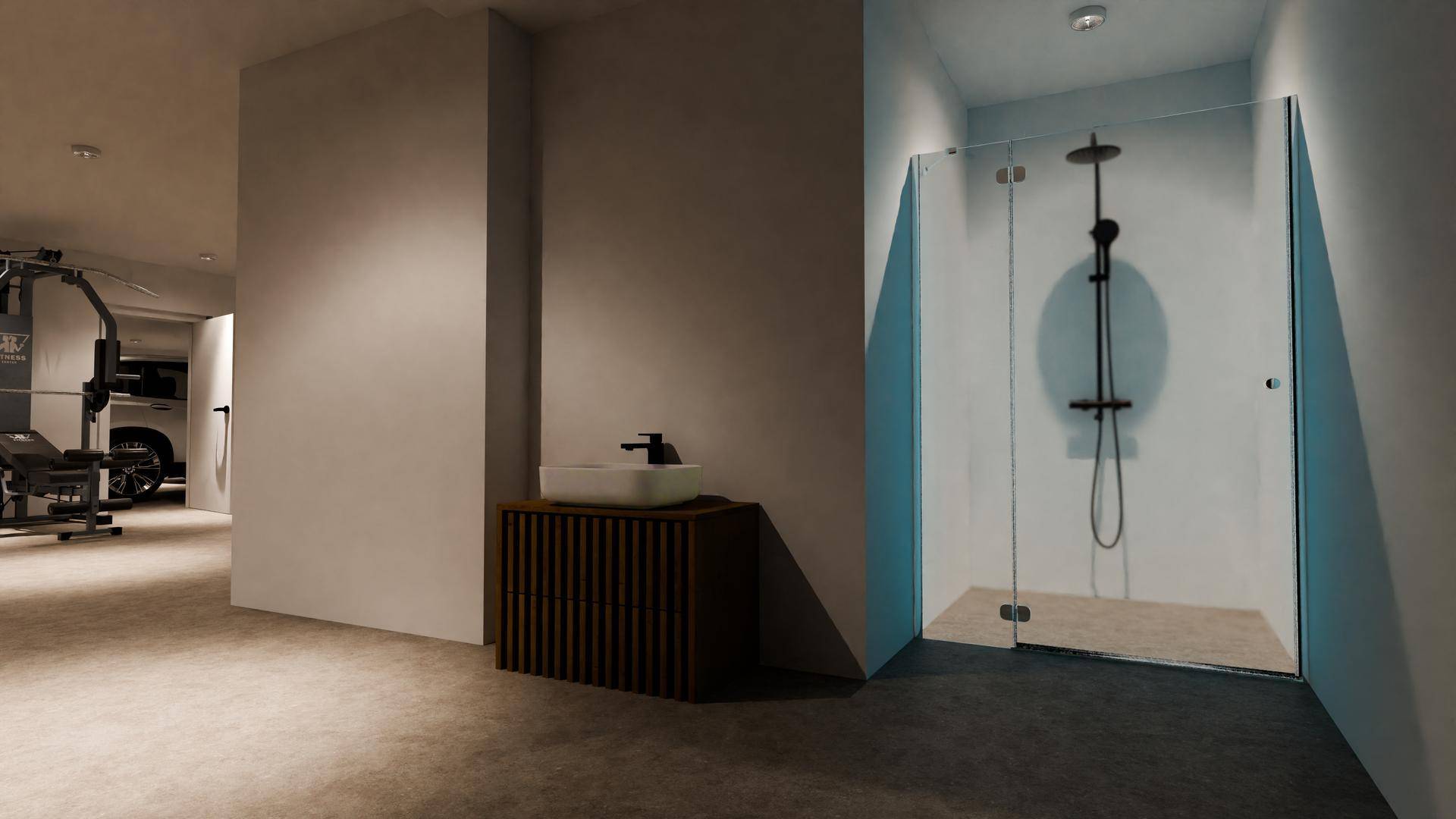 Modernes Badezimmer mit begehbarer Dusche und minimalistischem Waschbecken.
