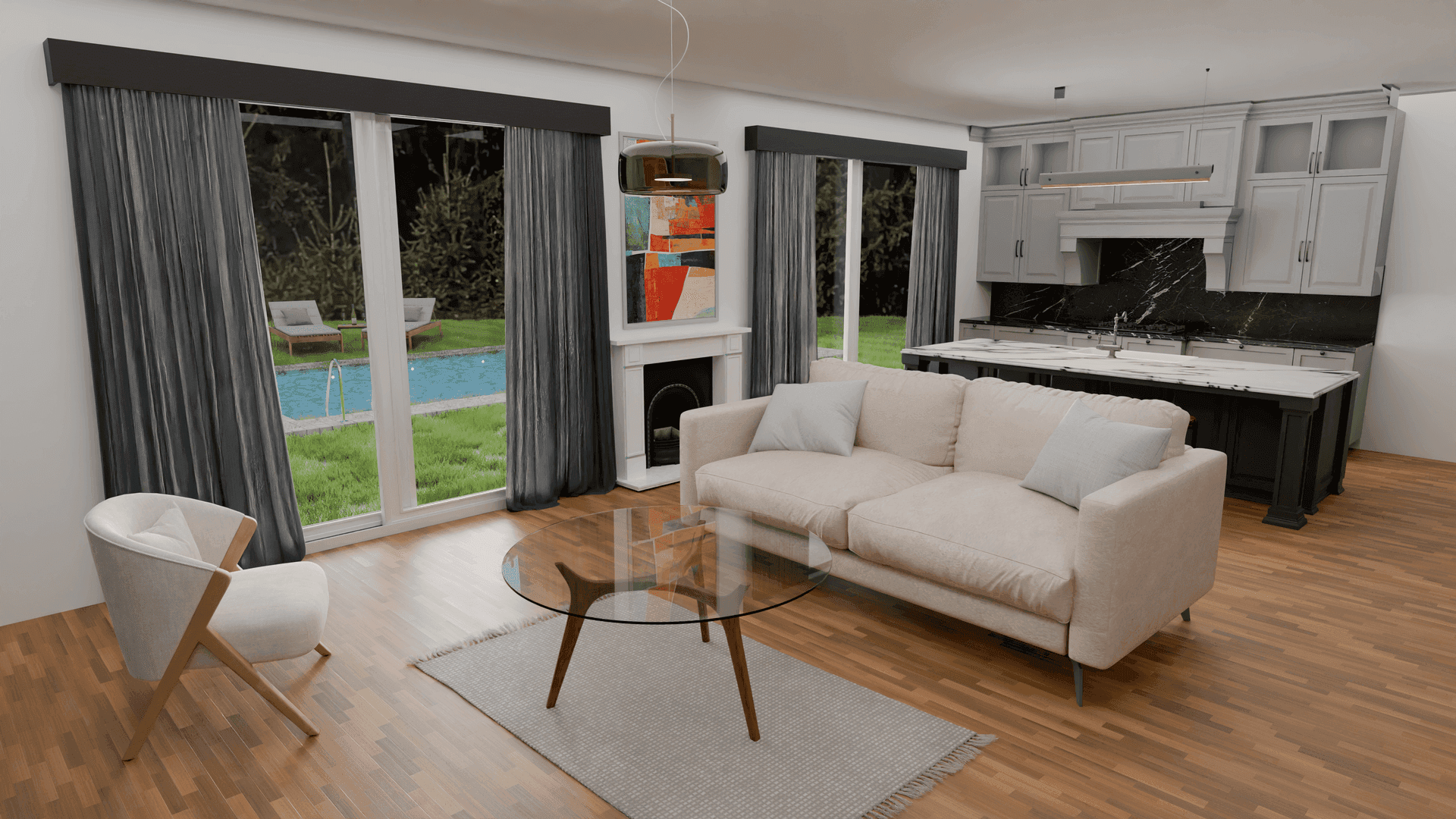 Offener Wohnbereich mit Küche, Kamin und großen Fenstern zum Pool und Garten.