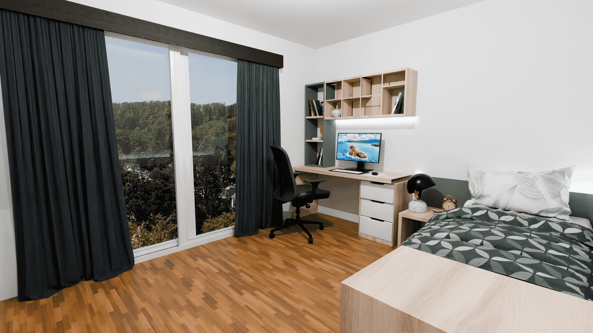 Modernes Schlafzimmer mit Schreibtisch, Bücherregal und großem Fenster mit Waldblick.