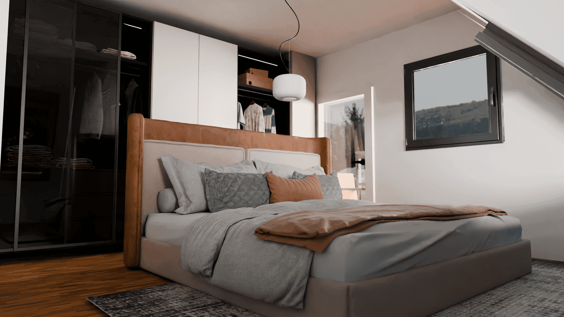 Modernes Schlafzimmer mit großem Bett, Einbauschränken und Fenster mit Blick ins Grüne.