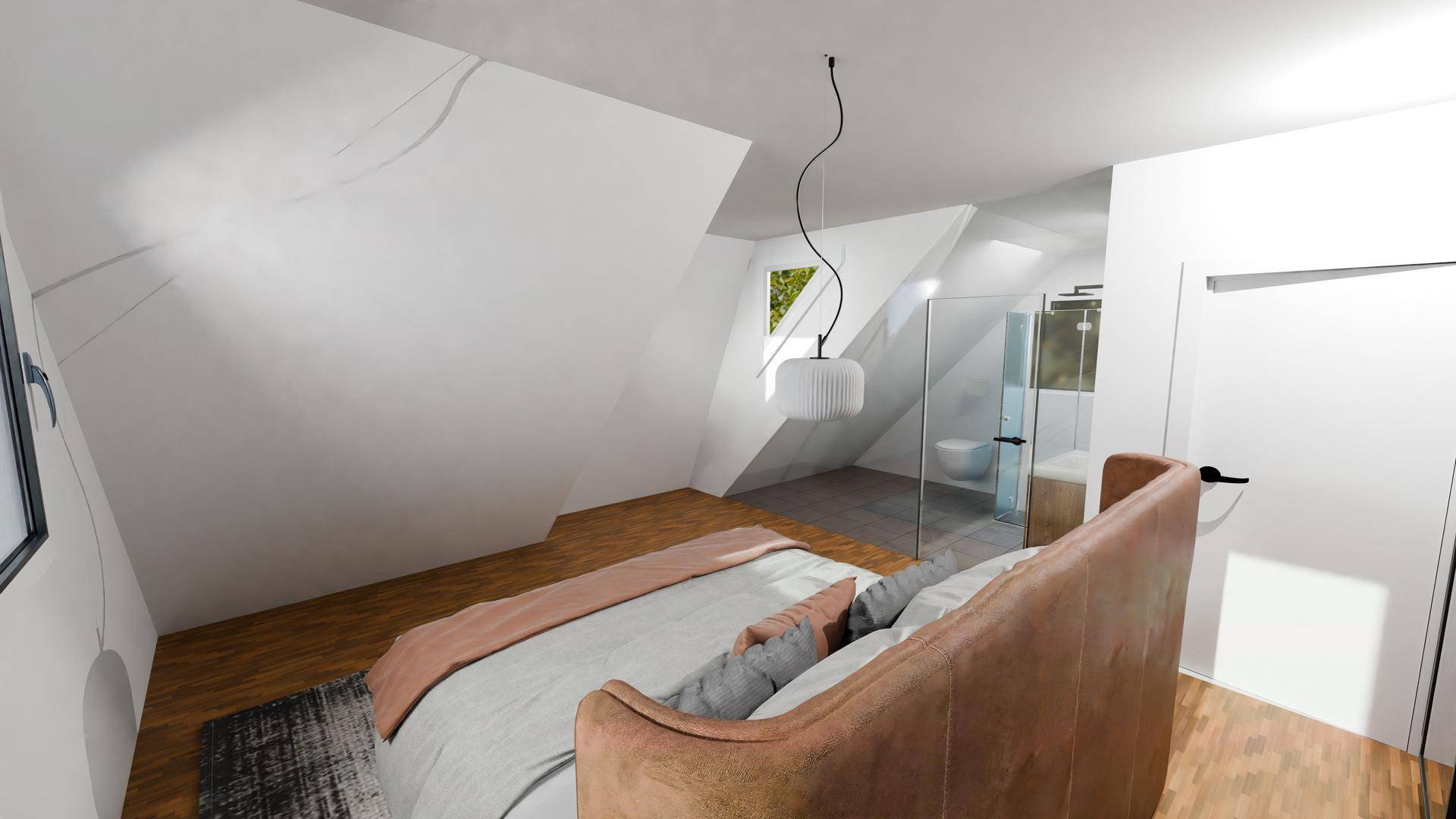 Helles Schlafzimmer im Dachgeschoss mit schrägen Wänden und integriertem Bad.