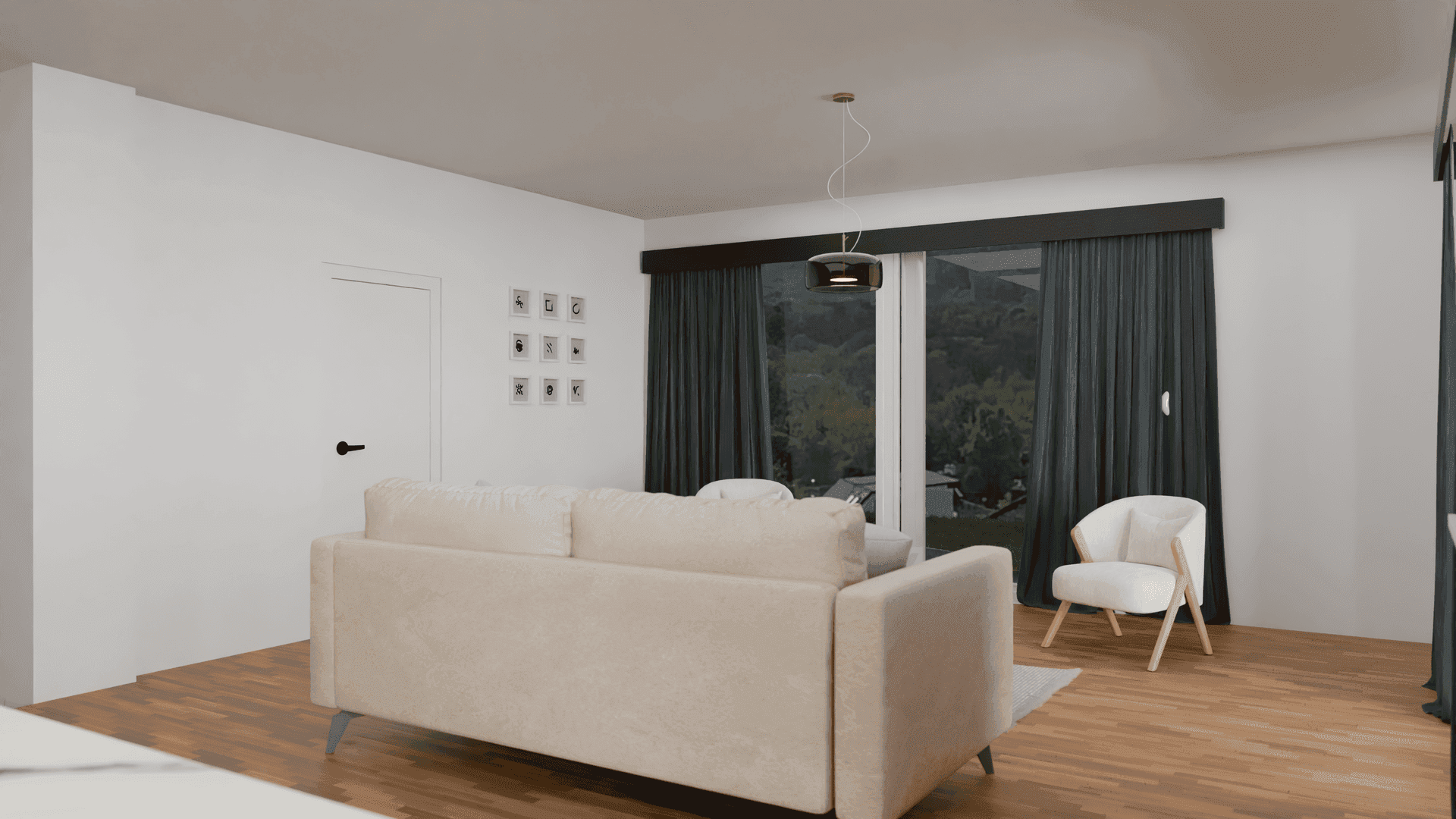 Helles Wohnzimmer mit beigem Sofa, Holzboden und Blick auf die grüne Umgebung.